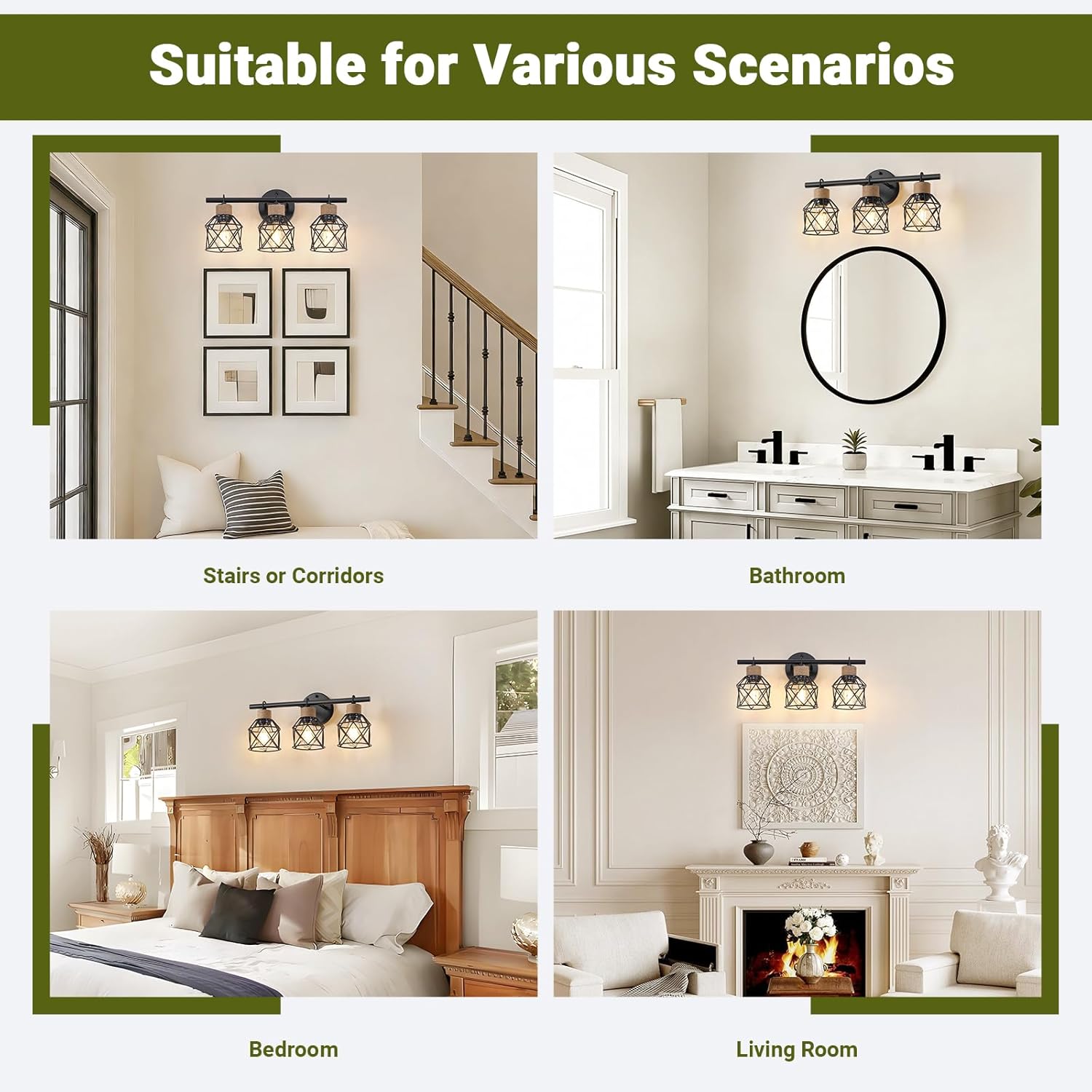 3-Light Farmhouse Bathroom Vanity Light Fixtures Over Mirror, Matte Black Vanity Lights with Metal Cage Lampshade, Vintage Bathroom Sconces Wall Lighting for Living Room Bedroom Hallway Cabinet