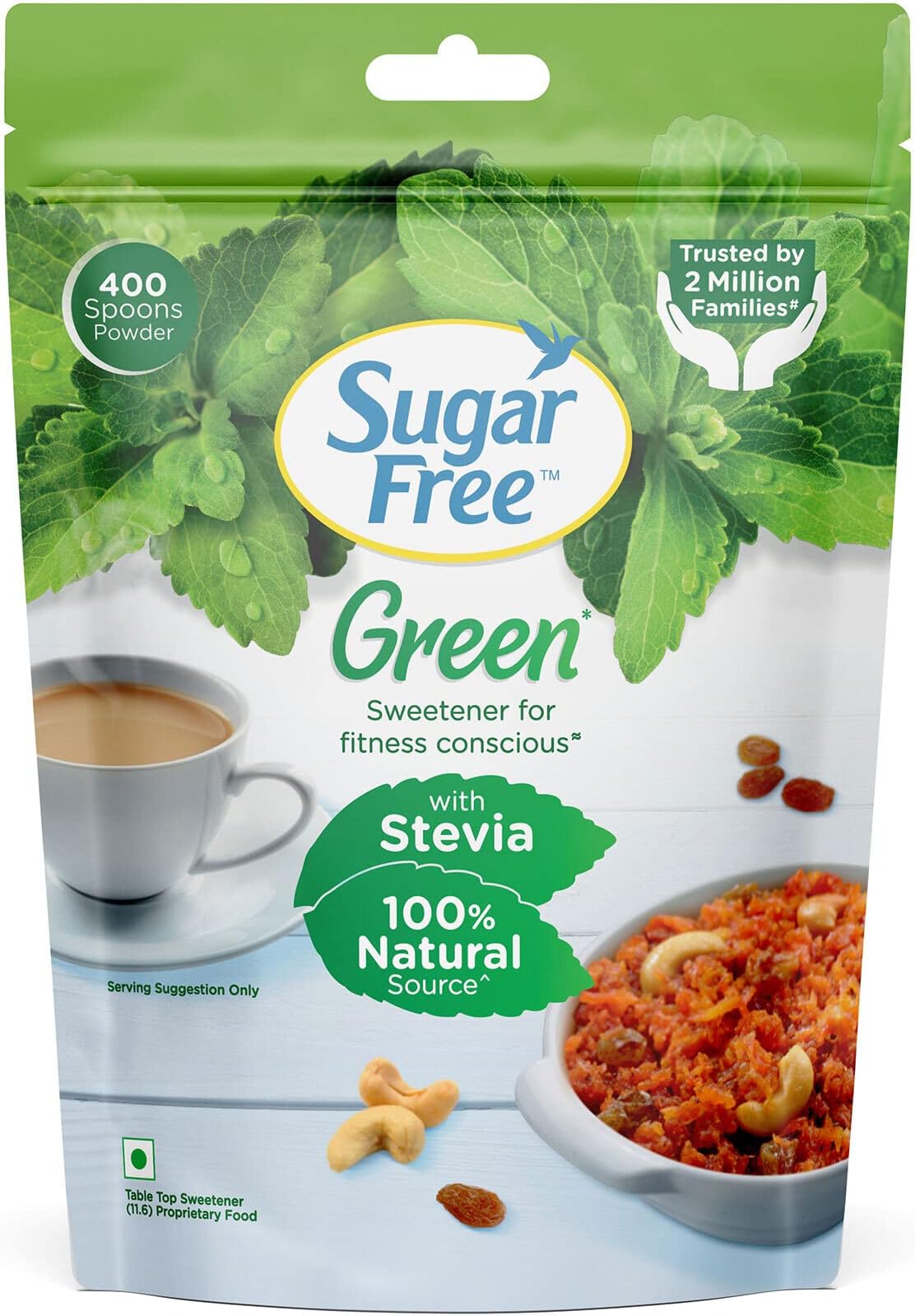 Sugar Free Green Stevia Pouch 400 g |100% Plant based Natural Sweetener | Equivalent to Sweetness from 1Kg Sugar | 100% Natural Stevia leaves| Sweet like Sugar but with zero calories