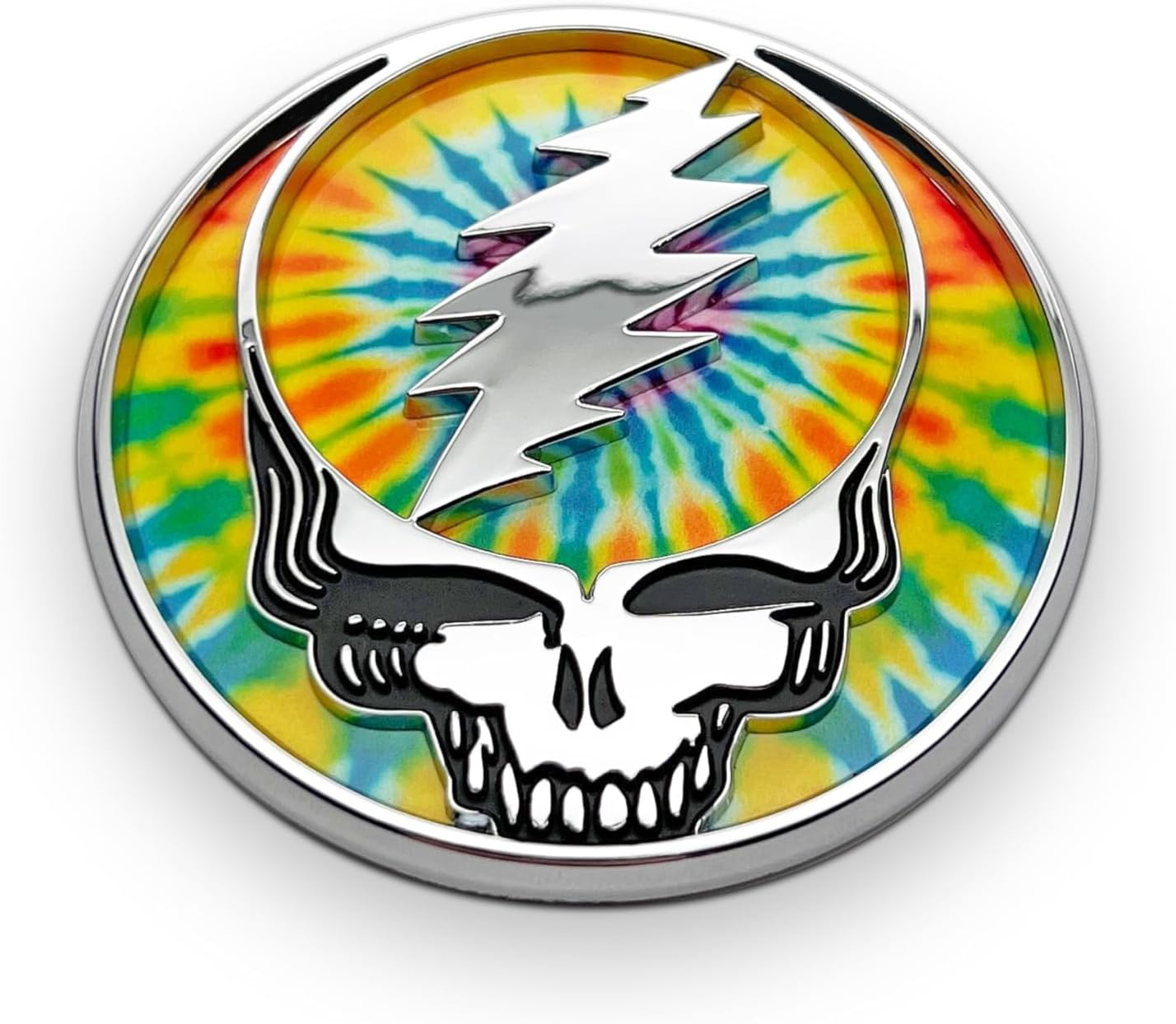The Tie Dye Stealie Car Badge Emblem in Chrome – ABS Resin Composite, Chrome Finish 3D Decal for Vehicle Exterior