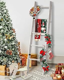 Blanket Ladder for Living Room, 5-Tier Wooden Ladder Shelf, Rustic Decor...