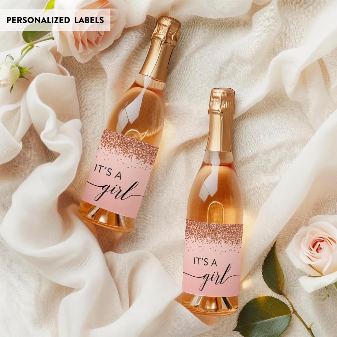 Andaz Press Mini Champagne Wine Bottle Baby Shower Labels, It's A Girl!, Blush Pink Faux Rose Gold Glitter Elegant, 20-Pack, Mini Champagne Bottles Baby Shower Mini Wine Bottle Labels Baby Shower