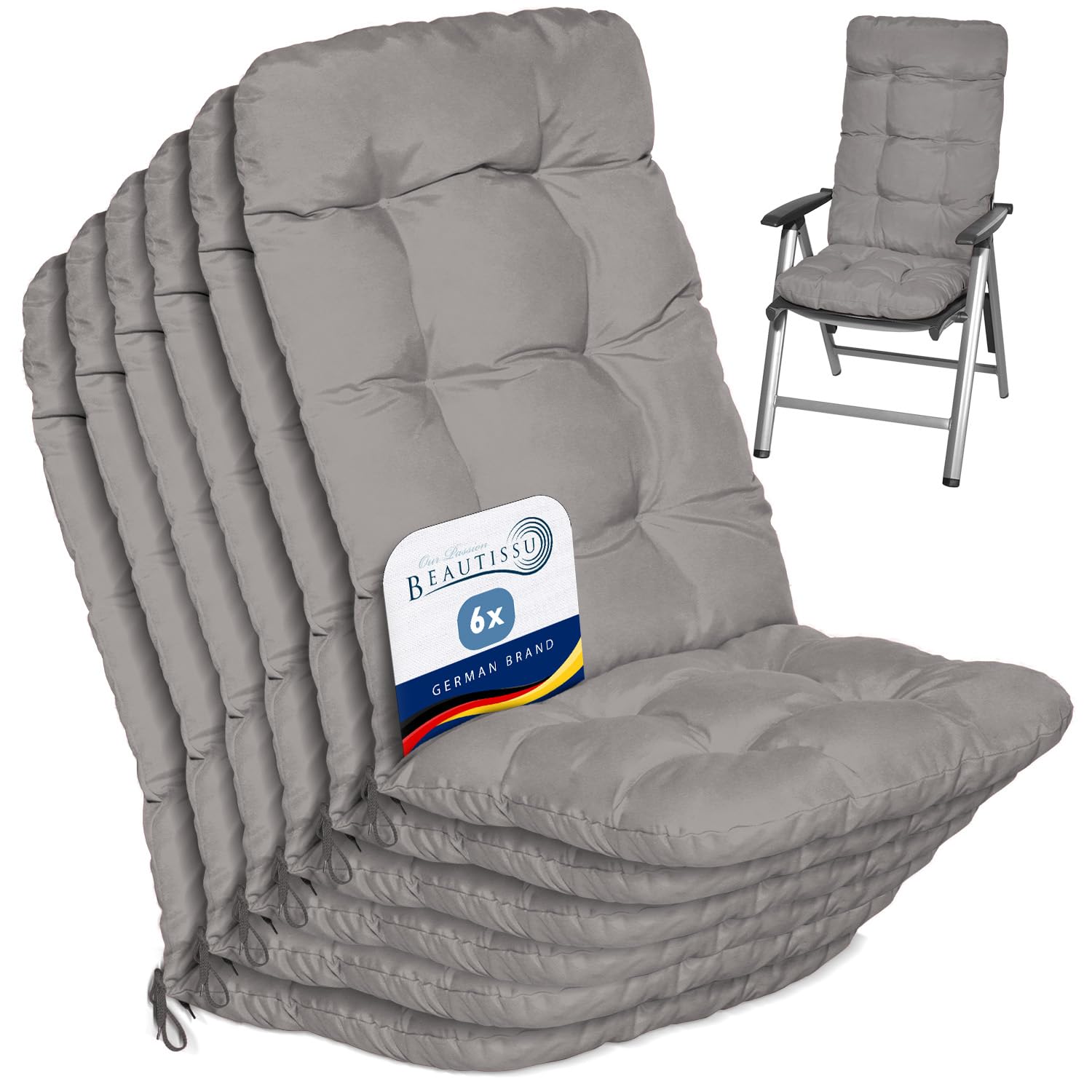 Beautissu Set of 6 Highback Garden Chair Cushions Set 120x50x8 cm - Light Grey Outdoor Seat Cushions for Garden Chairs with Backs Pillows for Recliner Patio Sunbed Bench - Flair HL — image 1