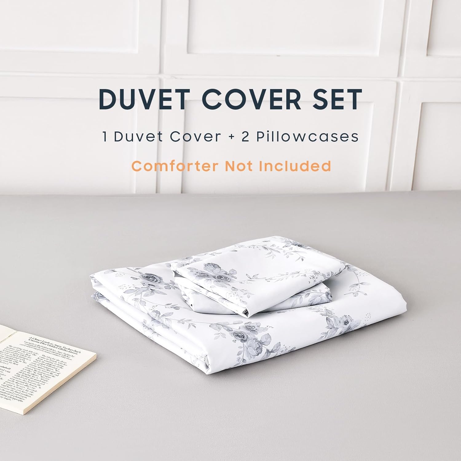 Wake In Cloud - Floral Duvet Cover Set, Shabby Chic Coquette Cottagecore Farmhouse Style with Romantic Flower Pattern, Soft Lightweight Bedding, 3-Piece, Grey White, Queen Size
