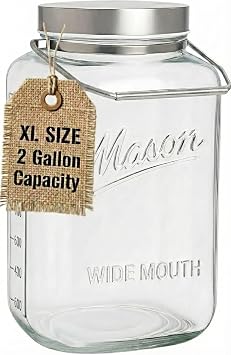 kitchentoolz Large 2 Gallon Glass Mason Jar with Big Airtight Metal Lid and Carry Handle Wide Mouth Square Container with Measurements for Dry Goods, Bulk Storage, and Food Prep