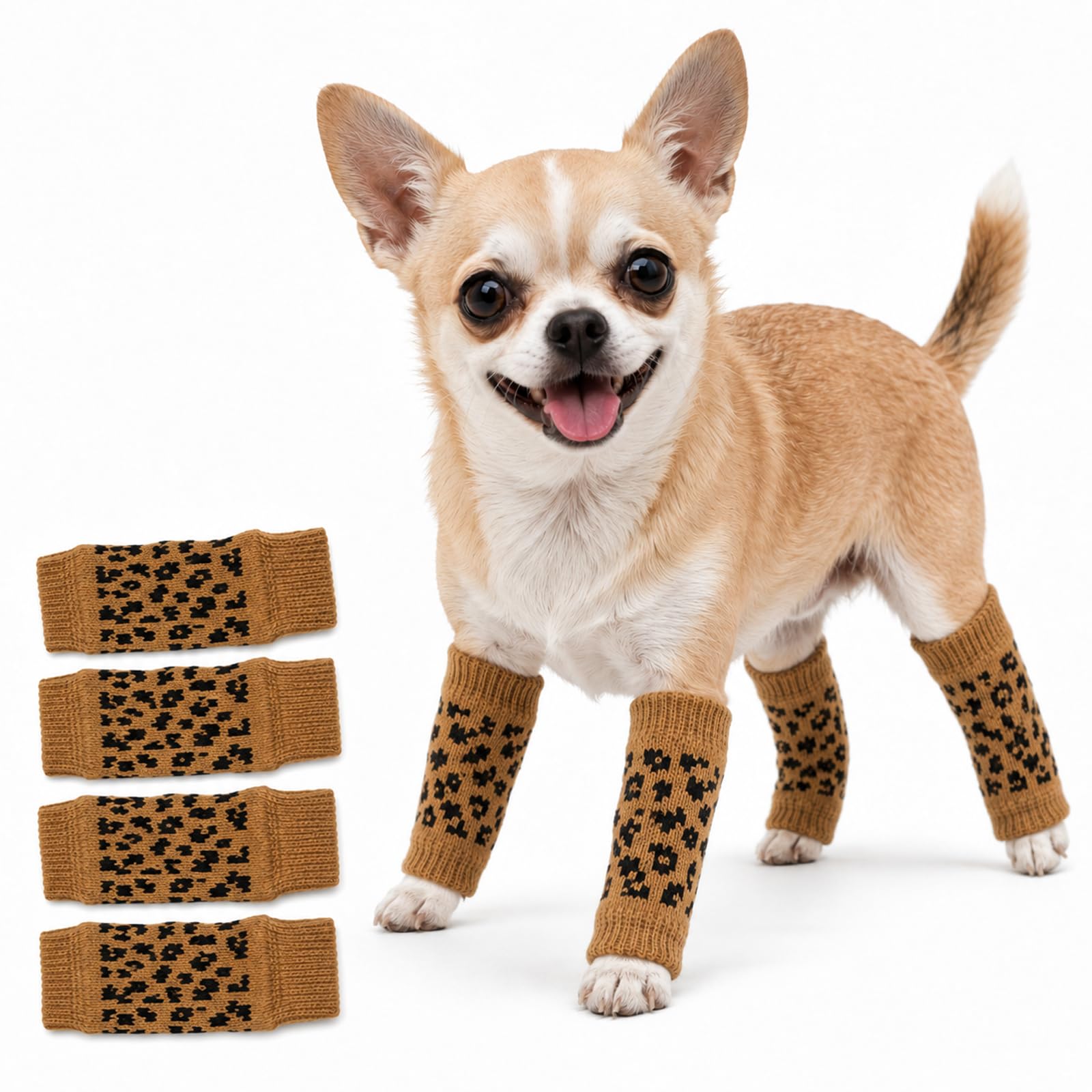 Dog Leg Sleeves, Knitted Elbow Protectors, Tan Leopard, Size M, 4-Pack