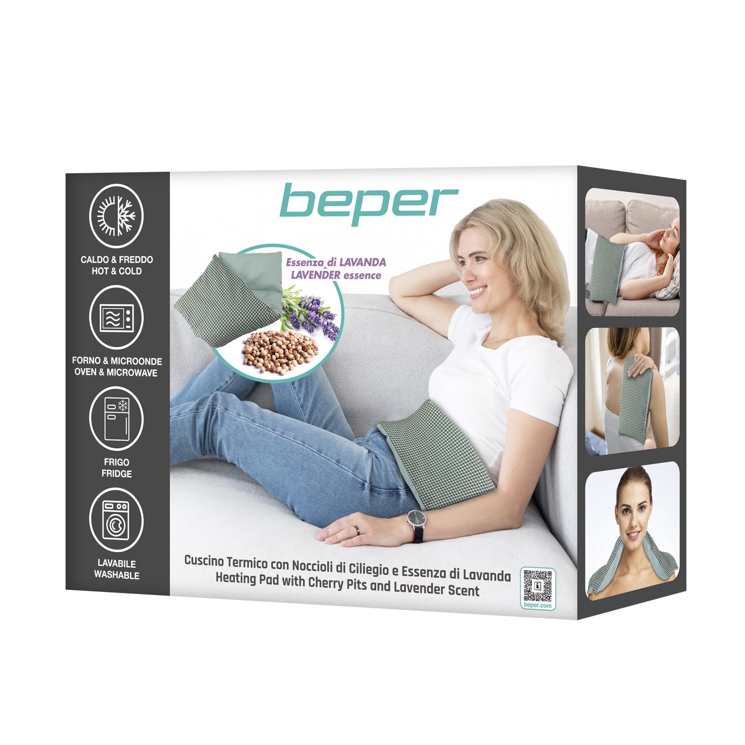 BEPER C302AAC003 Almohadilla térmica con huesos de cereza y lavanda, banda térmica y refrescante de algodón extraíble, remedio natural para calambres, dolor muscular y relajación