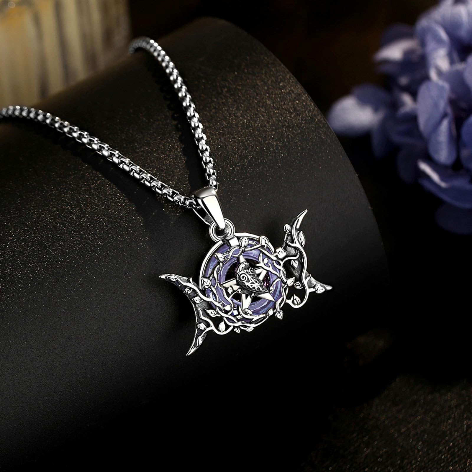 AEONSLOVE Colgante Diosa Hécate Plata de Ley 925 para Mujer, Collar Diosa Lilith Medalla Rueda de Hécate/Diosa Triple Luna, Joyas Brujería Wicca