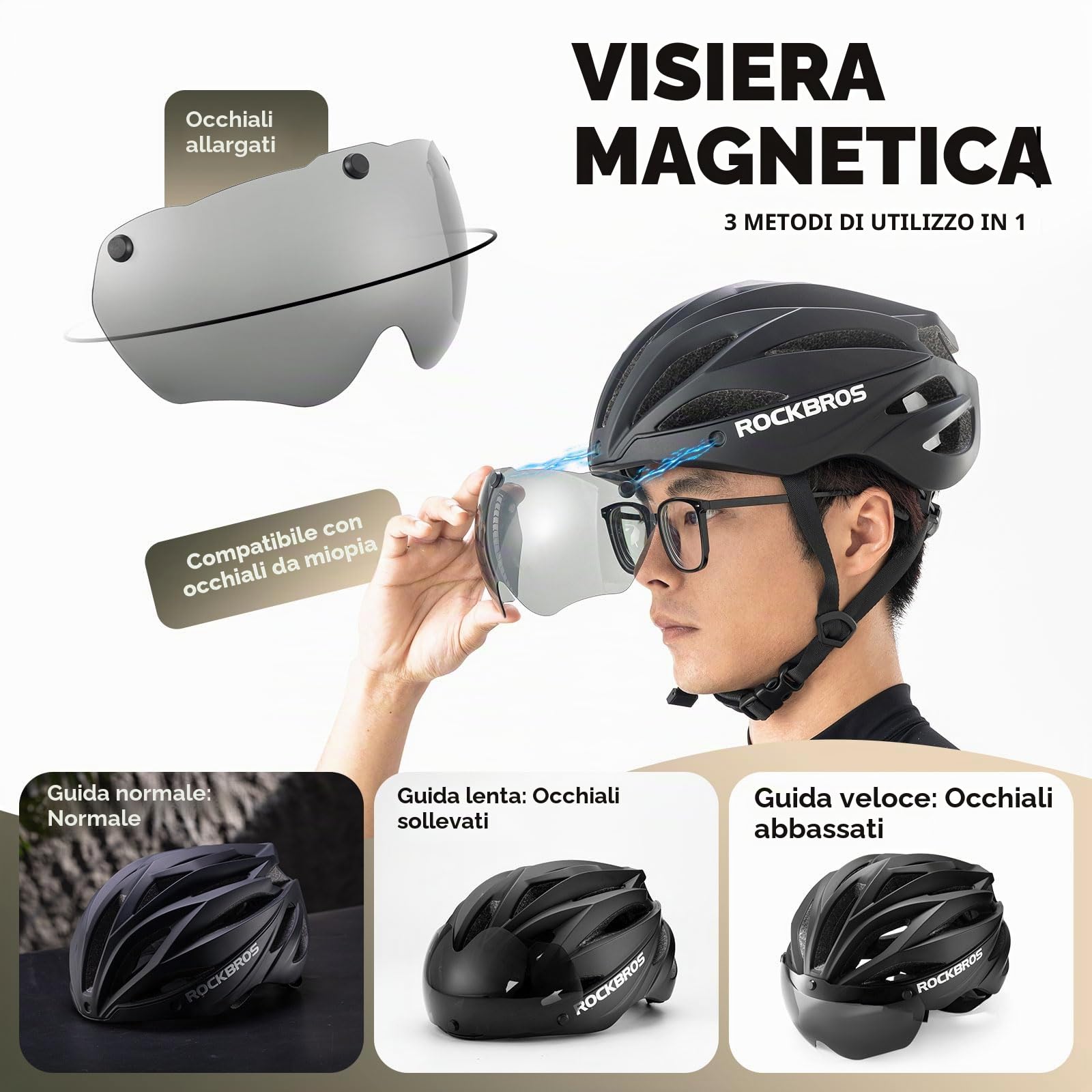 ROCKBROS Casco Bici con Visiera Magnetica Rimovibile Traspirante Uomo Donna | con Occhiali Protettivi Magnetici, Casco MTB per Monopattino Elettrico Bici da Corsa, Scooter