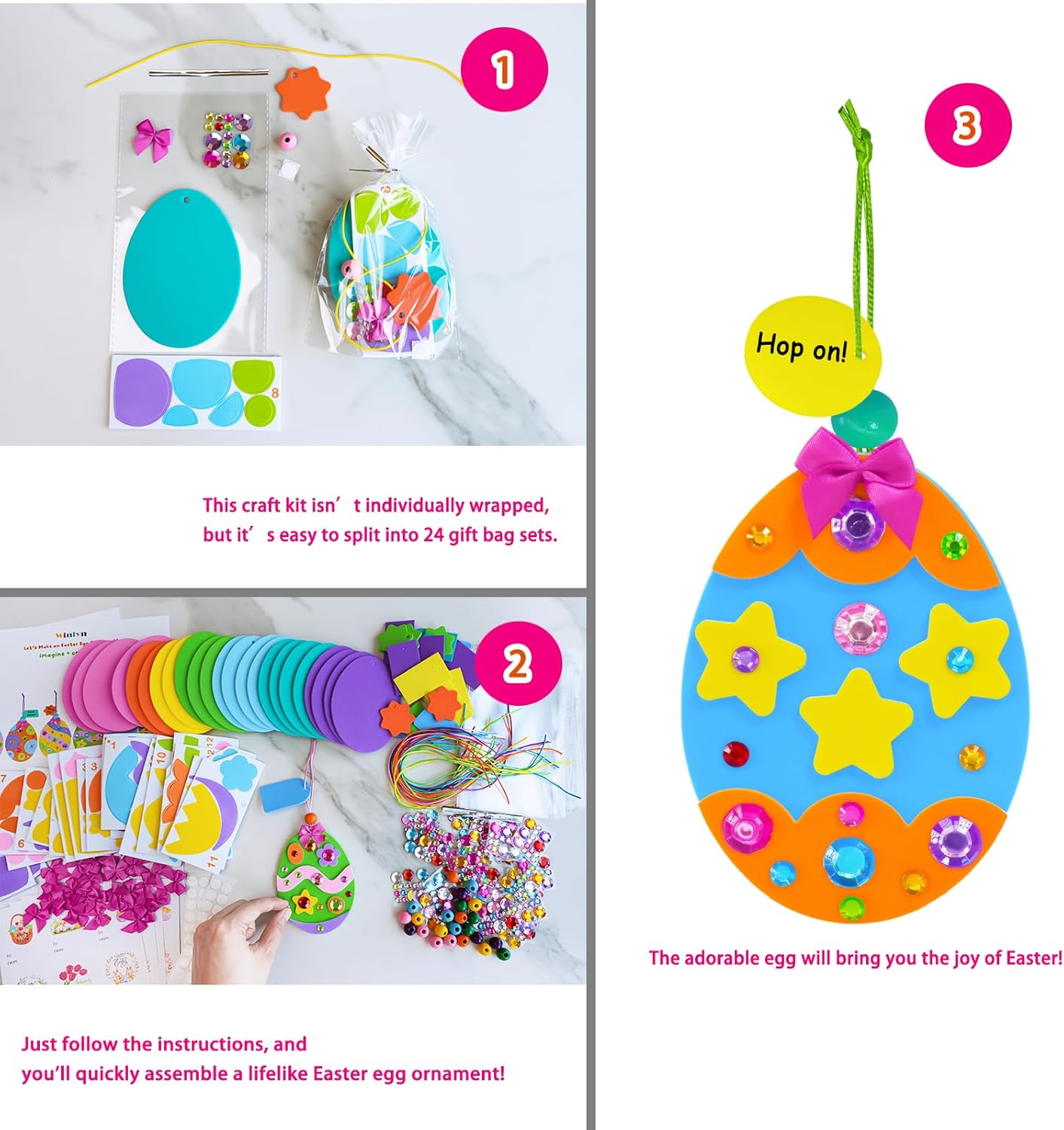 Winlyn 24 Sets Easter Craft Kits DIY Easter Egg Ornaments Decorations Assorted Easter Egg Foam Stickers Easter Arts and Crafts for Kids Spring Easter Home Classroom Activities Party Favors Art Project