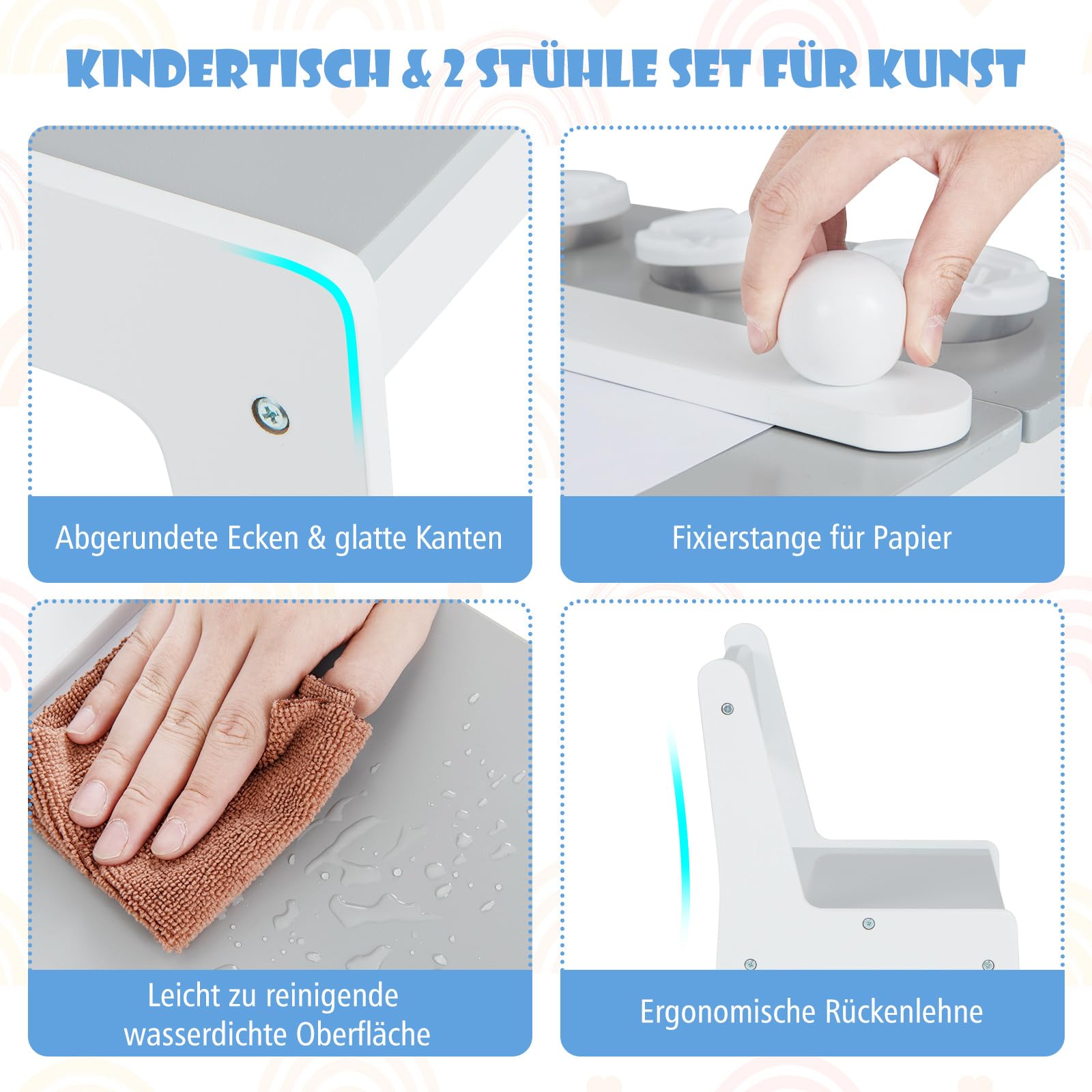 COSTWAY Kindertisch mit 2 Stühlen, 3 in 1 Aktivitätstisch & Staffelei Holz mit anhebbarer Tischplatte, Farbbechern, 6 Stoffbehältern & Papierrolle, Kindersitzgruppe für ab 3 Jahren, 109x60x55cm, Grau