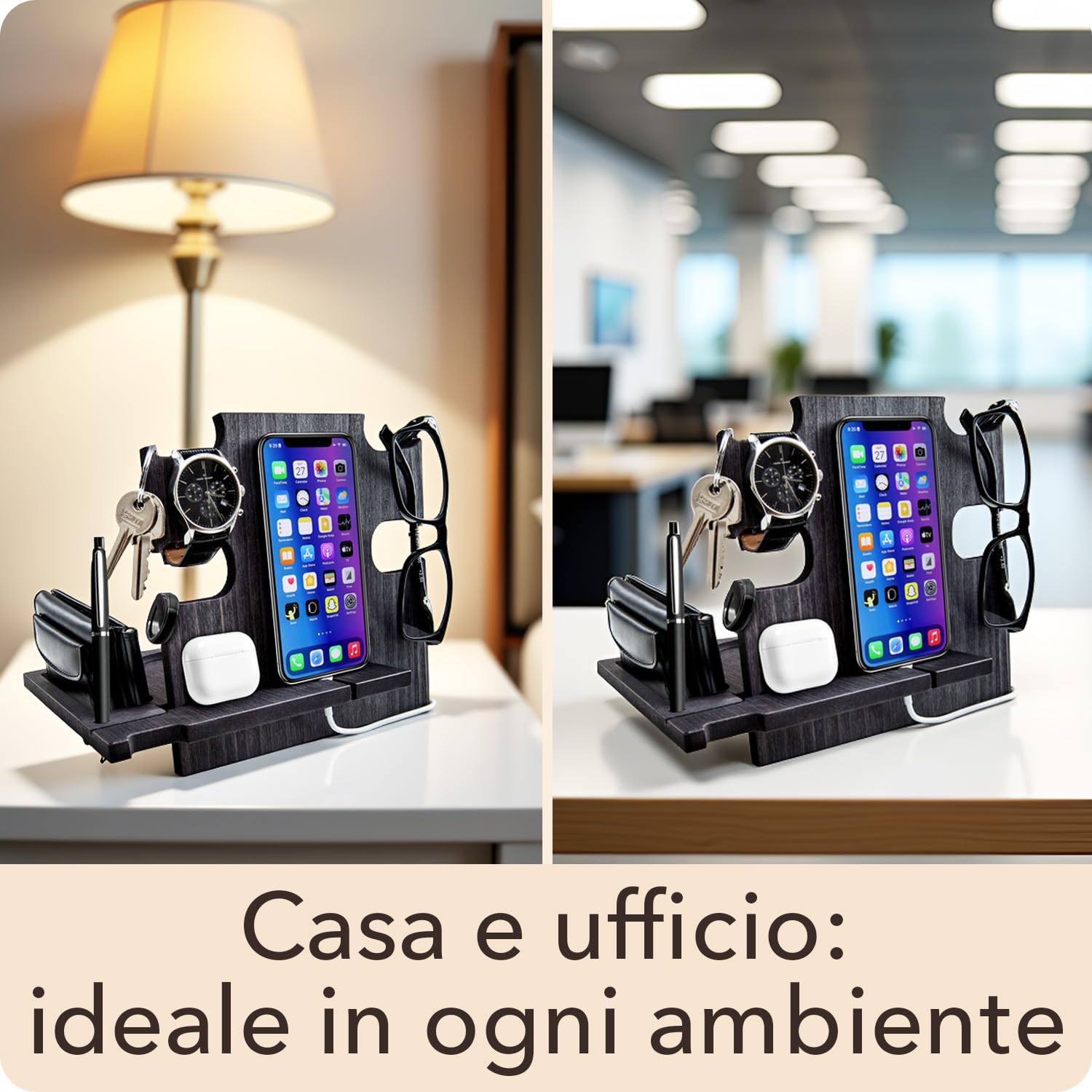 Greta Oto Svuota Tasche da Ingresso Organizer Scrivania Idee Regalo Papà Uomo Anniversario Compleanno Porta Orologi e Cellulare Tavolo e Comodino Artigianale in Legno Made in Europe (Nero)
