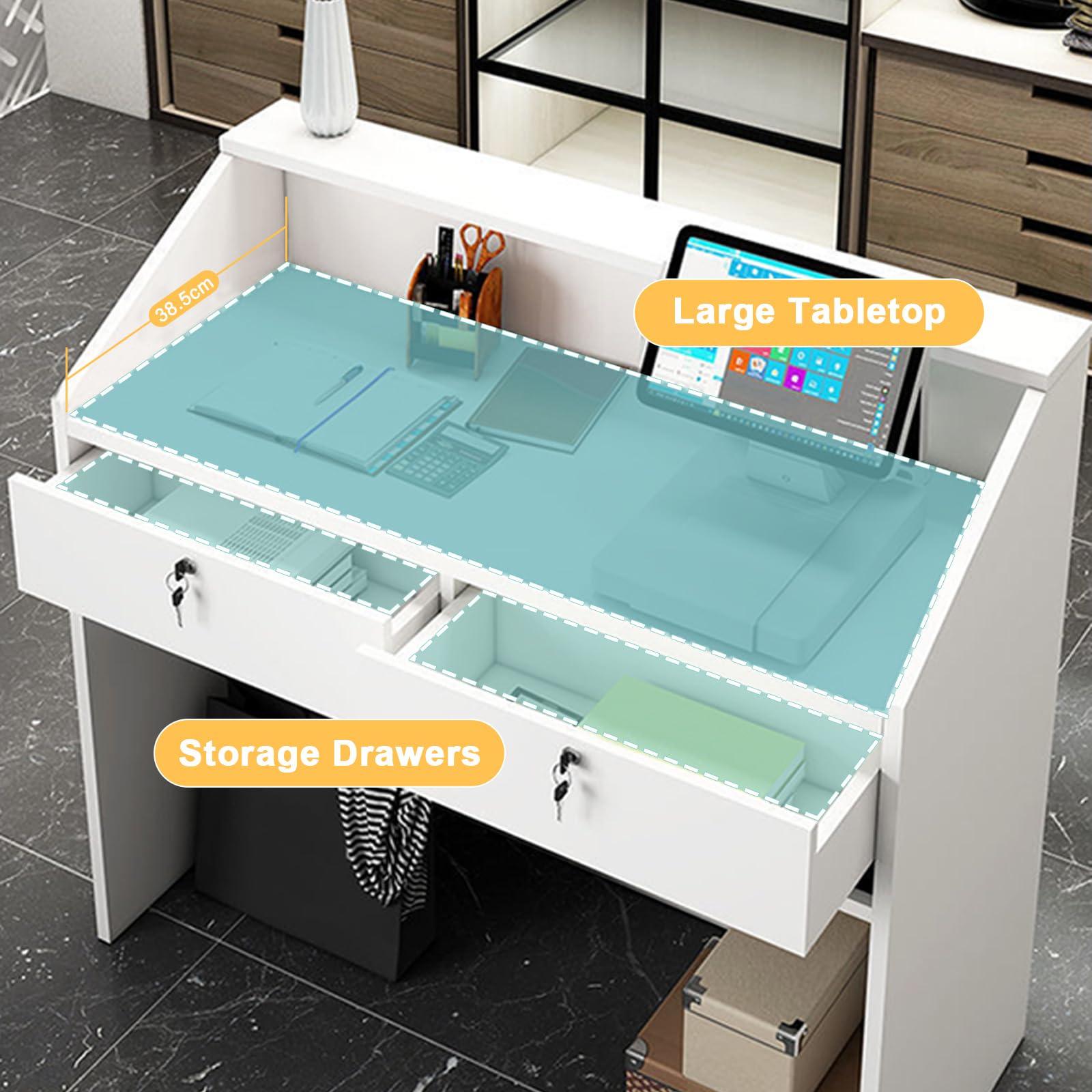 Mostrador de recepción, mostrador Frontal con cajón con Cerradura y luz, mostrador minorista para Caja, Escritorio de Madera para computadora para Oficina, vestíbulo, Tienda de Ropa, salón