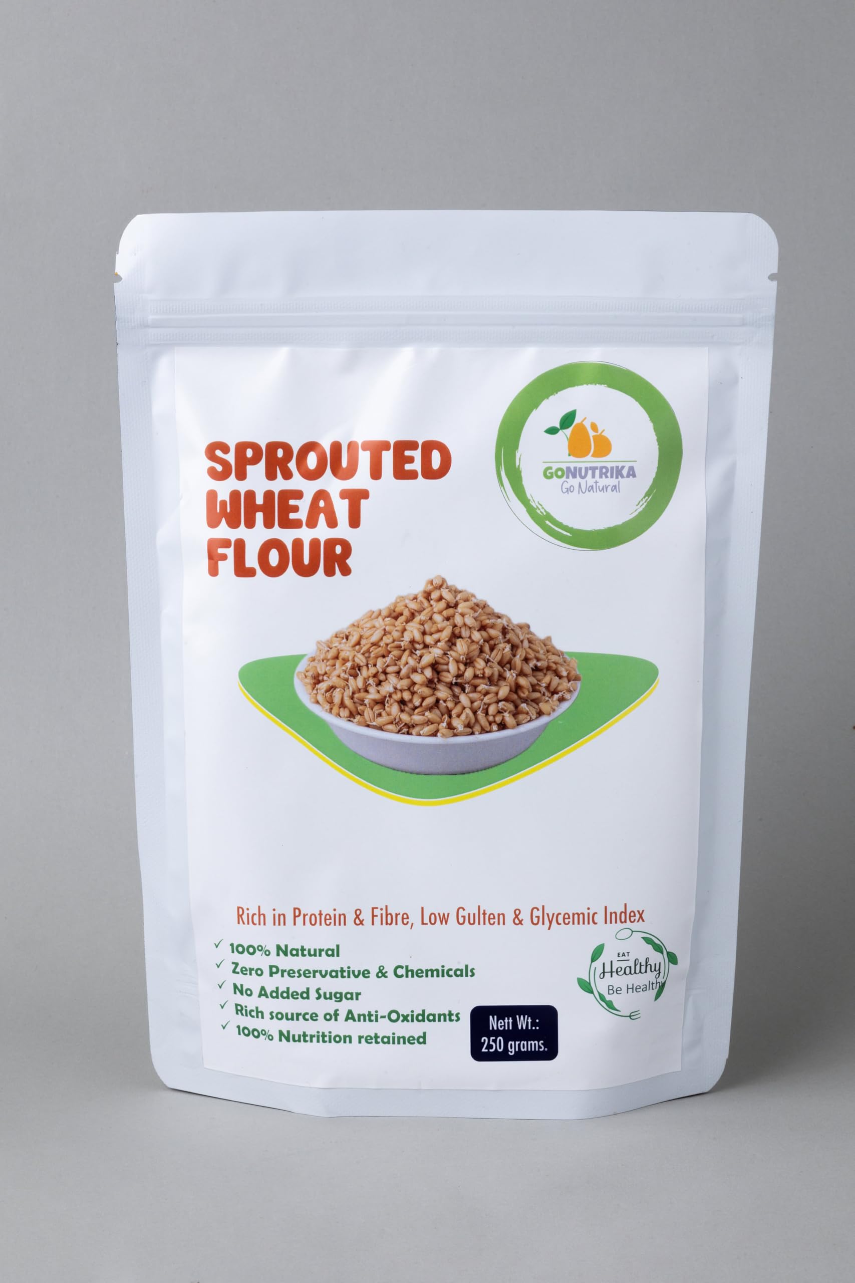 GoNutrika Sprouted Wheat Flour, 250 g, Rich in Protein and Fibre, Low Glycemic Index, 100% Natural, No Added Sugar