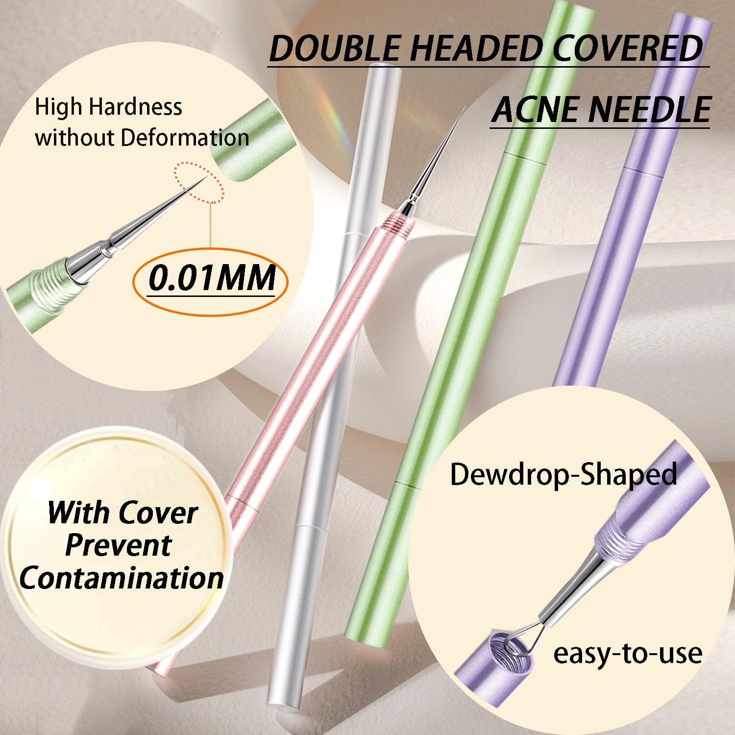 2-in-1 Professional Stainless Steel Acne Removal Needle, Whitehead&Blackhead Remover Tool, Pimples Comedone Extractor Removal Tool, Double Ended Needle with Cap Removal for Nose Face Tools(Rose Gold)