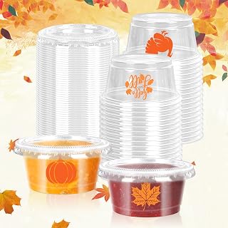 100 Pcs Fall 2 Oz Mini Jelly Shot Cups with Lids Disposable Sauce Cups Maple Leaf Pumpkin Turkey for Thanksgiving Autumn Party Supplies