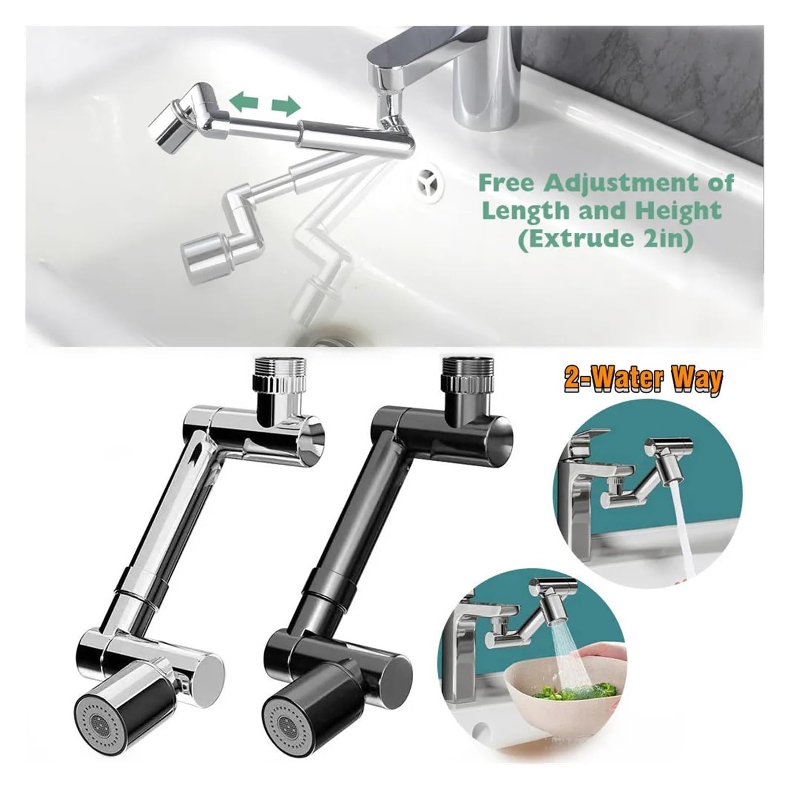 Uniwersalny 1440° Obrotowy Chowany Kran Filtr Rozbryzgowy Kuchnia Przedłużacz Do Umywalki Baterie Dysza Bąbelkowa Ramię Robota łAtwa Instalacja(Dual Modes Black)