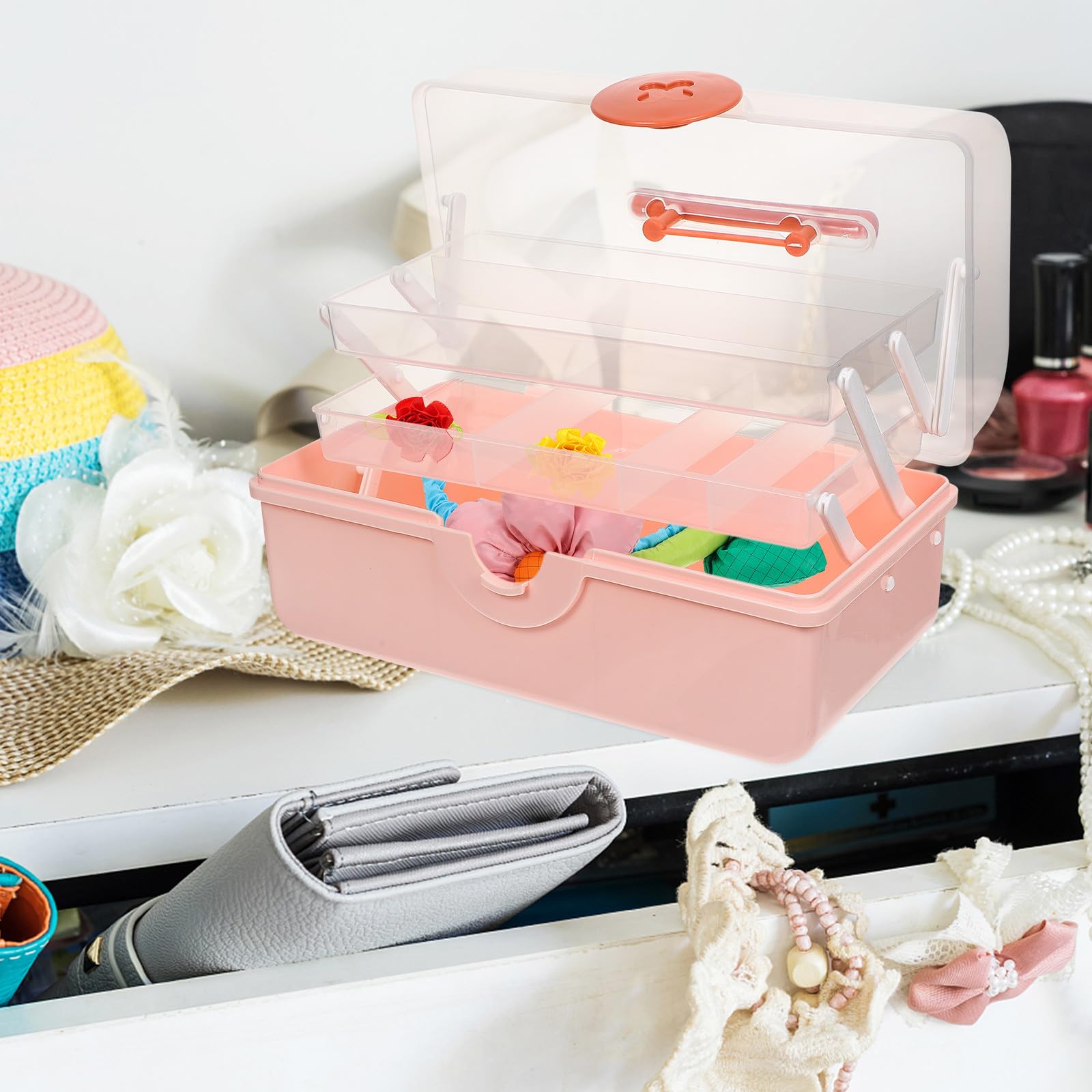 Kreative Mehrlagige Haaraccessoire Kasten für Mädchen Rosa Tragbare Schmuckaufbewahrung mit Desktop Organizer für Haarspangen und Haargummis