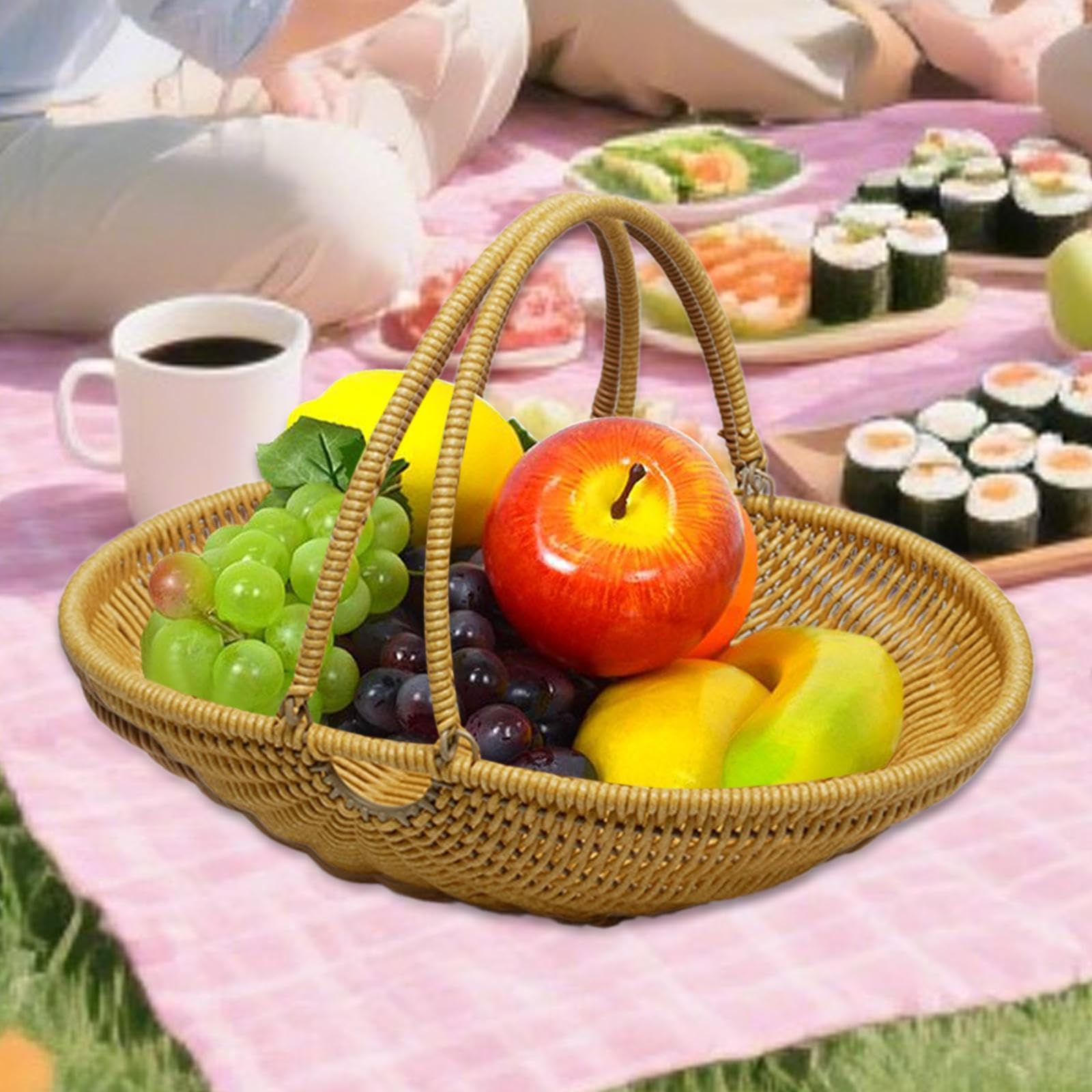 KiBcsLic Imitation Rattan Kitchen Tote Bread Basket Multifunctional Lightweight for Vegetable, Snack with Foldable Handle, Size M
