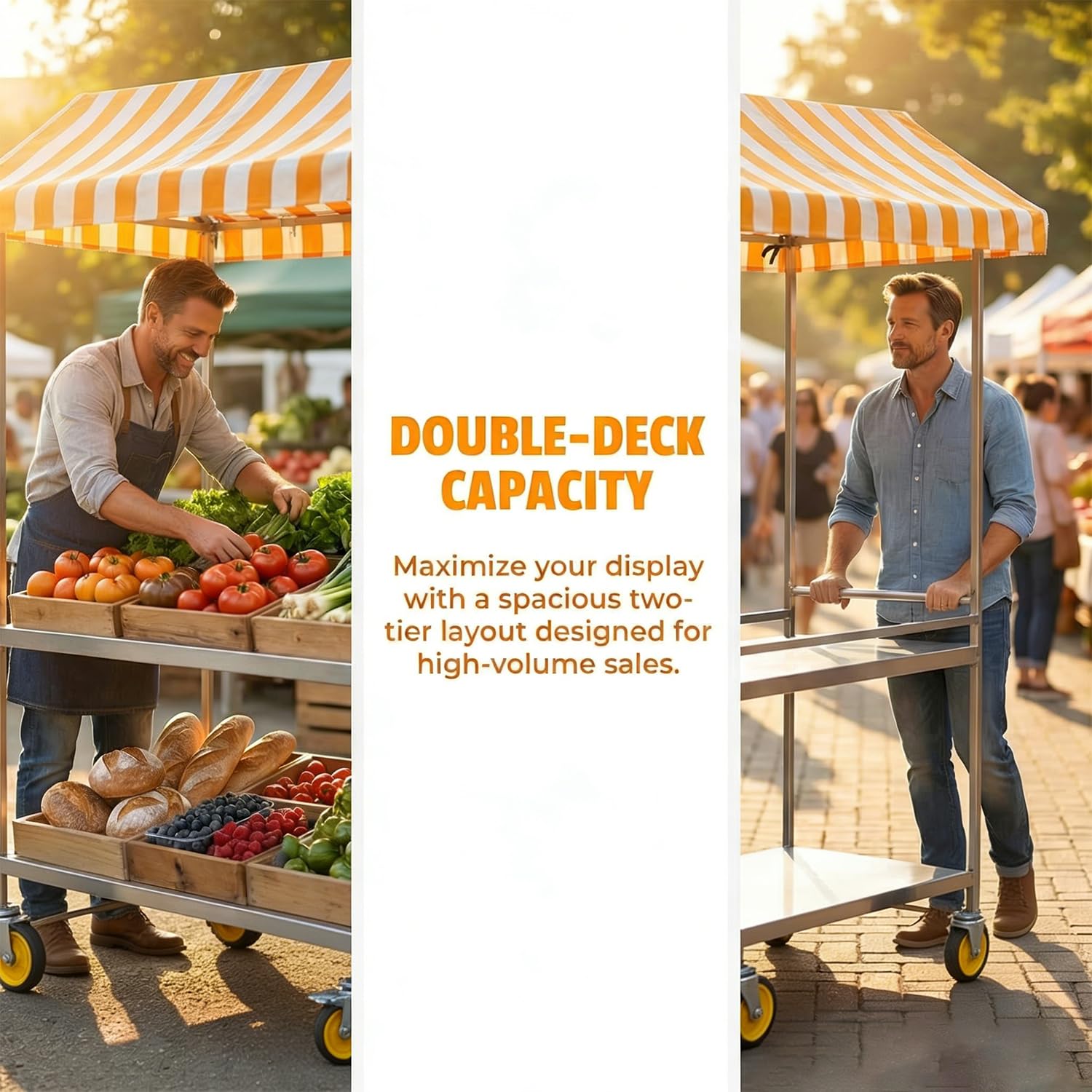 Mobiler Verkaufsstand aus Edelstahl, zusammenklappbarer Verkaufswagen mit Überdachung & Rädern – Kiosk-Trolley für Straßen, Parks, Hochzeiten & Jahrmärkte,Gelb,120cm