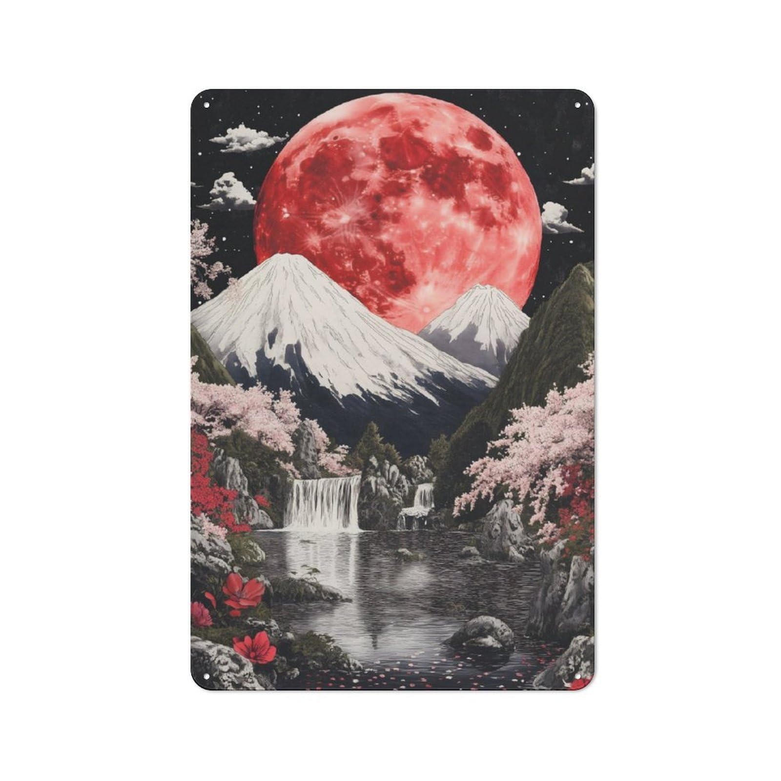 Junmoney Red Moon Fuji Mountain Metal Wall Sign 30X20cm Featuring For Workshop Wall, For Makers And Diy Enthusiasts