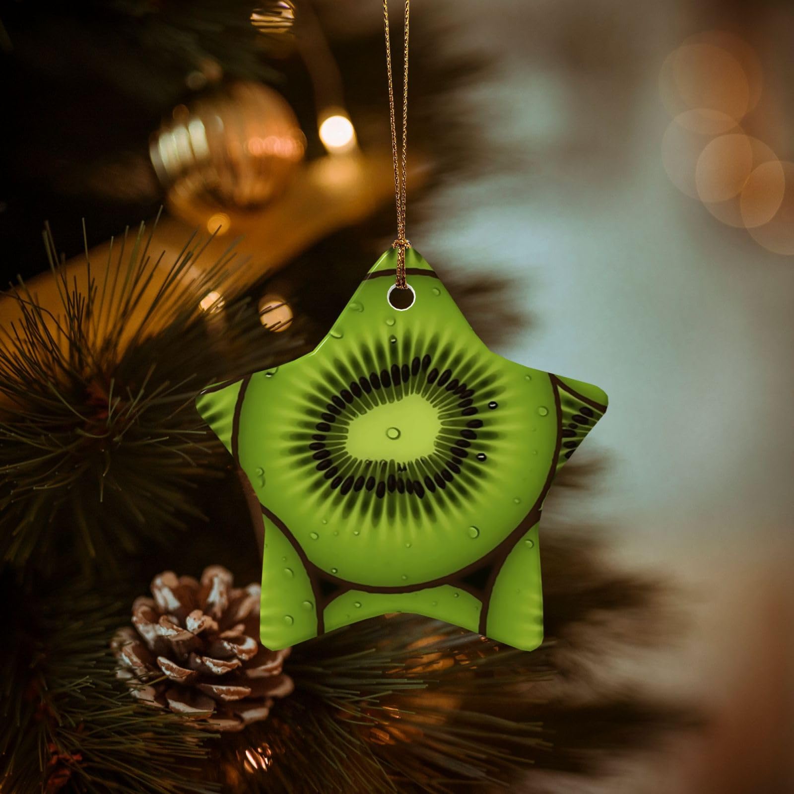 Christmas Tree Ornaments Ceramics Christmas Decorations Kiwi Slices Ornaments with Gold Ribbon Porcelain Xmas Tree Crafts Star Shape Hanging Pendant for Christmas Tree Party Decor