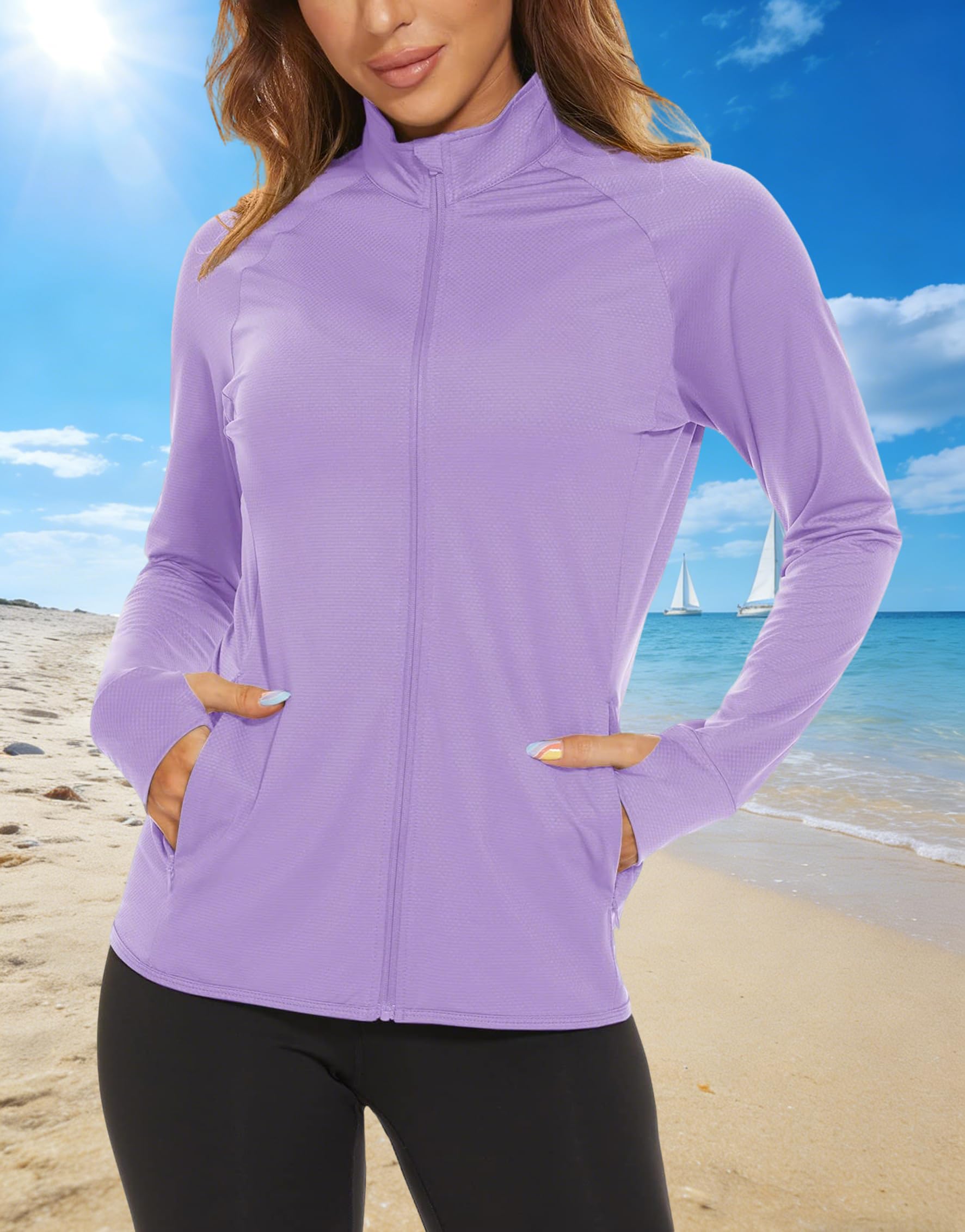 Chaqueta de protección solar UPF 50+ para mujer, ligera, con cremallera completa, sudadera con capucha y manga larga, camisas de entrenamiento para senderismo, correr — view 7
