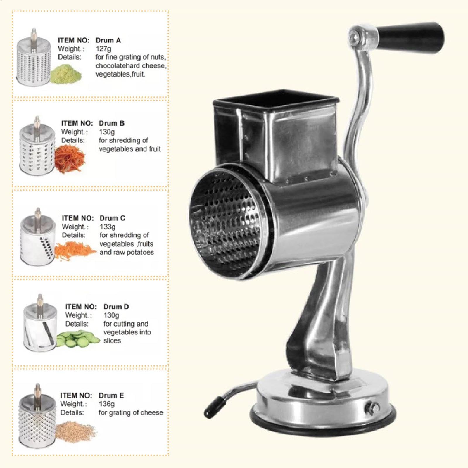 Grate di formaggio in metallo Rotary - Grate rotante | Taglio vegetale | cutter mandolina slicer formaggio grattugia | Grate di manovella multifunzionale | Grattugia di patate a mano per cetrioli,