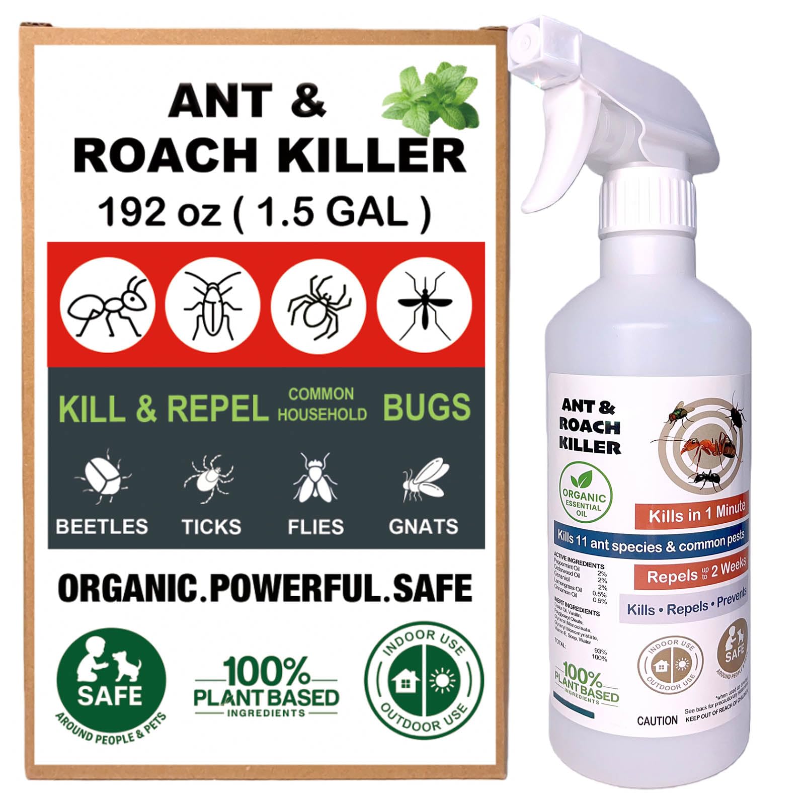1.5 Gal. Ant &amp; Roach Killer Spray - 4X Effective Organic Mint Oil Ant &amp; Roach Killer &amp; Repellent, Mild Scent, Indoor&amp;Outdoor Use for Roaches, Ants, Spiders, Fleas, Mosquitoes&amp; 50+, Pet Safe Non-Toxic