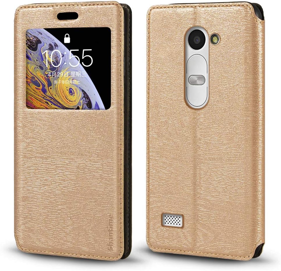LG Leon H340N H324 Case, Wood Grain Leather Case with Card Holder and Window, Magnetic Flip Cover for LG Leon LTE