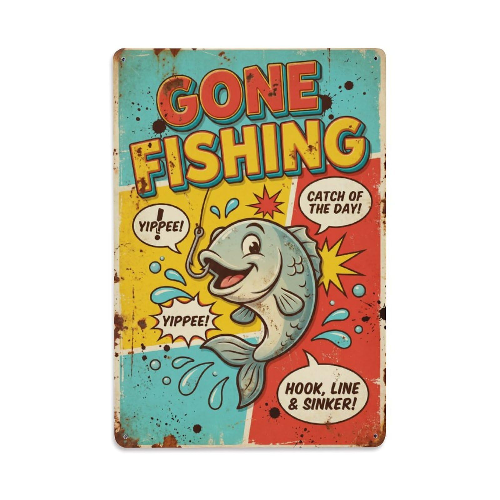 Gone Fishing Humor Quote Vintage Metal Tin Sign Plaque Wall Decor for Cafe, Club, Garden Metal Poster 8x12Inch