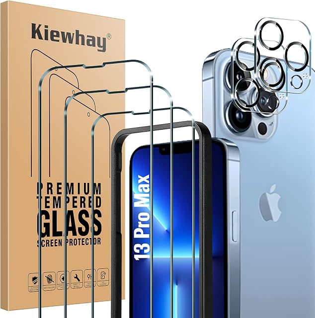 Kiewhay Tempered Glass Compatible with iPhone 13 Pro Max Screen Protector 6.7'', 3 Pack Screen Protector + 2 Pack Camera Lens Protector, [9H Hardness] [No Bubbles] HD Tempered Glass Film - 5 Pack
