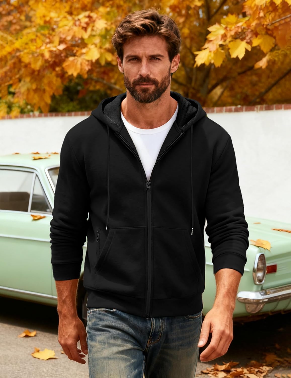 Mens Fleece Hooded Sweatshirt Winter Full Zip Jackets Long Sleeve Outerwear with Multi Pockets - Image 3