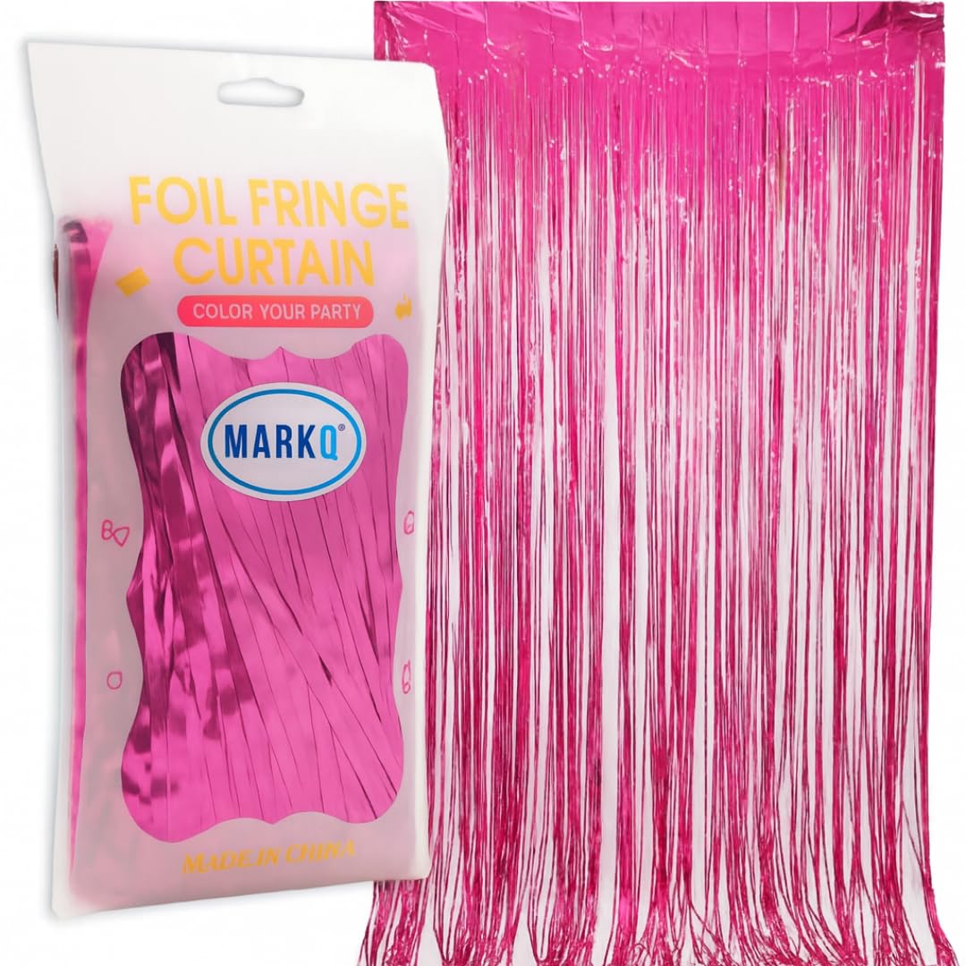 MARKQ Pink Foil Fringe Curtain | 1 x 2-meter Metallic Tinsel Streamers Party Backdrop for Halloween, Baby Shower, Wedding, Eid, Graduation, Birthday Party Decorations [Pack of 1]