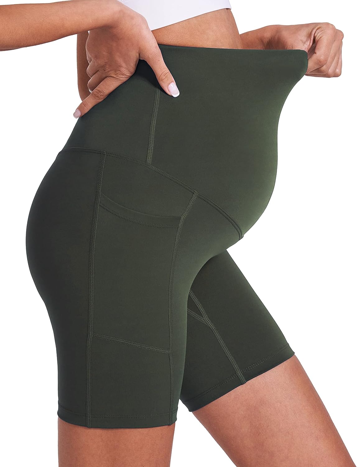 ENERFUL Women's Maternity Yoga Shorts Over The Belly Comfy Biker Workout Active Pregnancy Gym Short Pants with Pockets 8"/5" - Image 5