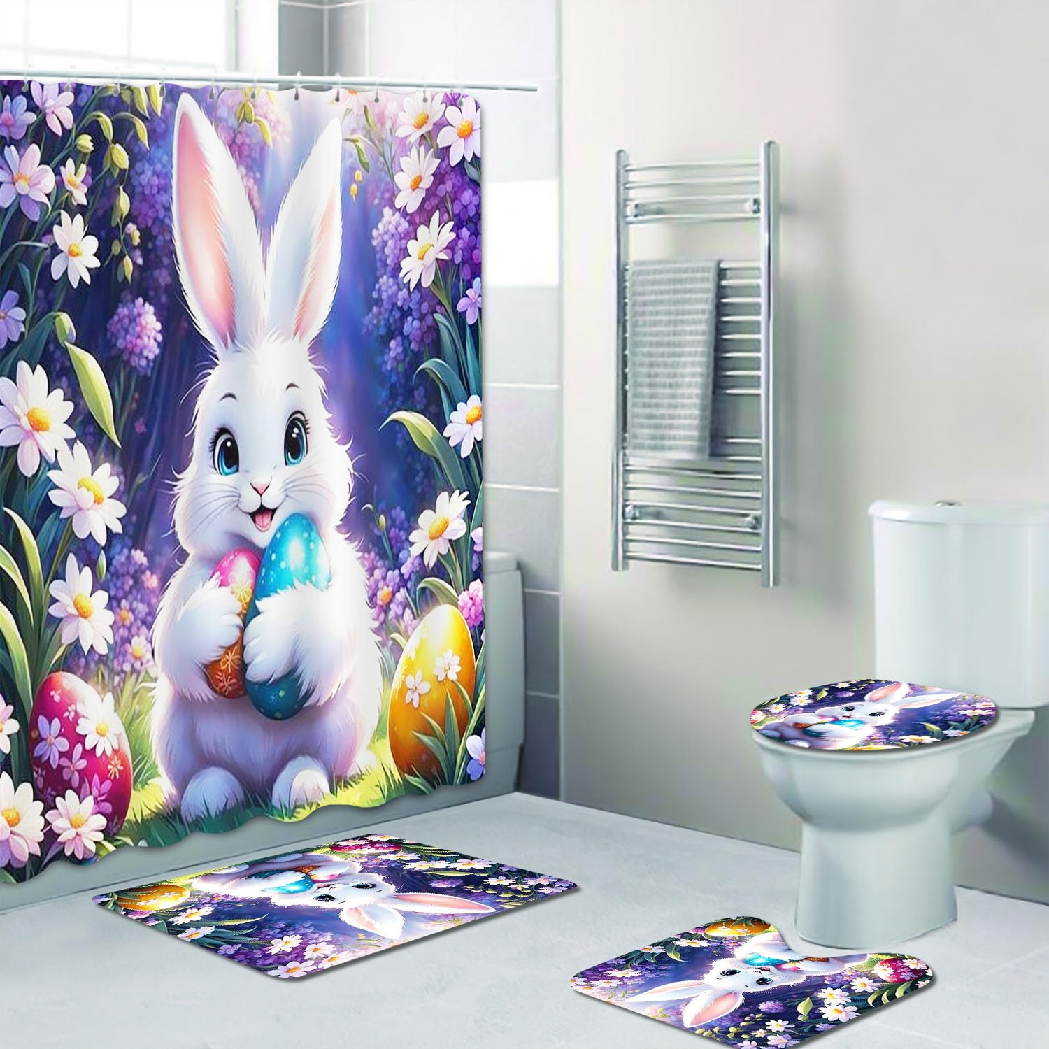 Qiqumax Cute Rabbit Shower Curtain 180 x 200 cm 180 x 180 cm Cartoon Rabbit Shower Curtains Waterproof Polyester Fabric Shower Curtain Bathroom Rug 4-Piece Set (5.120 x 200 cm)