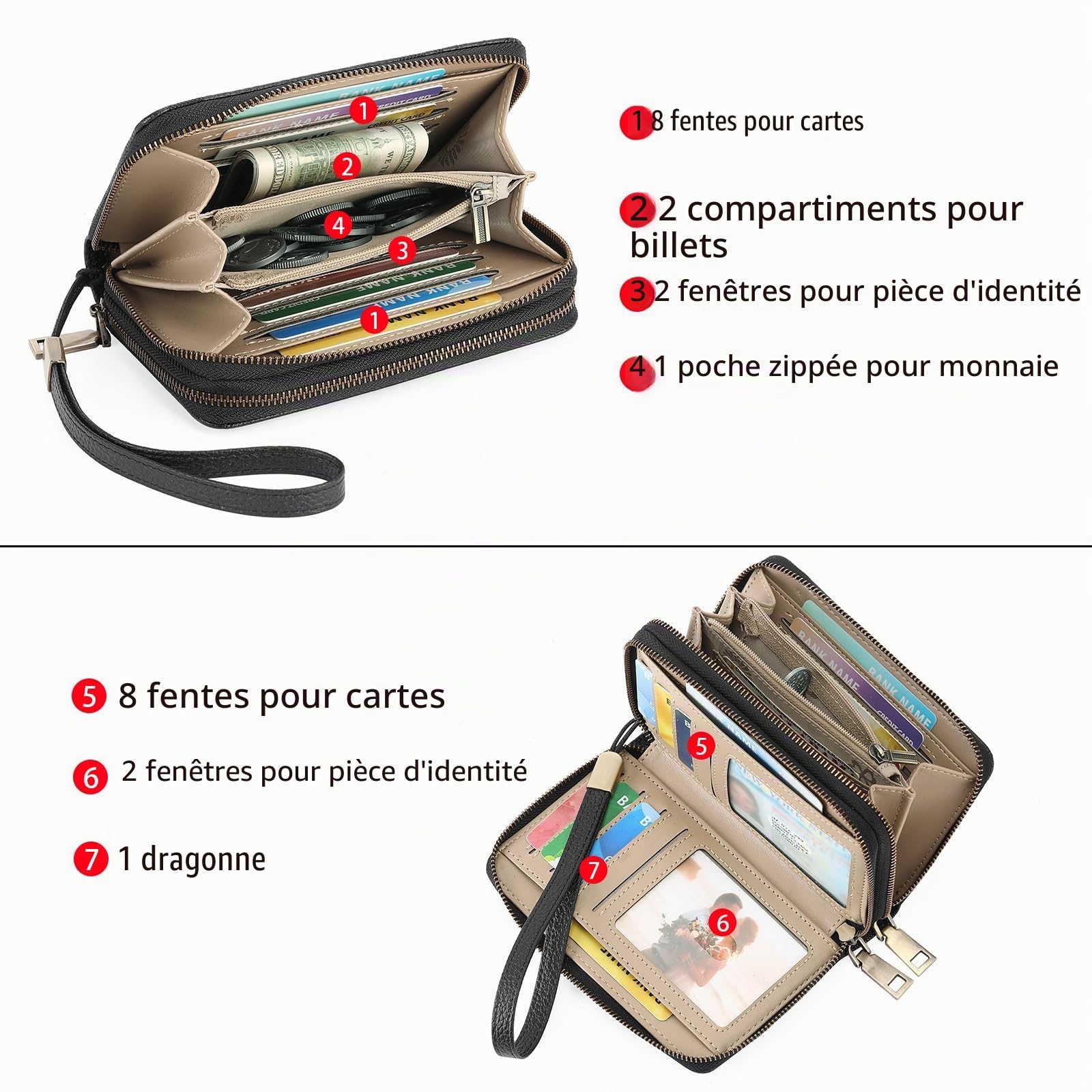 GOIACII – Portefeuille en cuir pour femmes avec blocage RFID, taille moyenne, double fermeture éclair, porte-cartes de crédit avec 10 fentes pour cartes et bracelet, A01-noir., M, Classique
