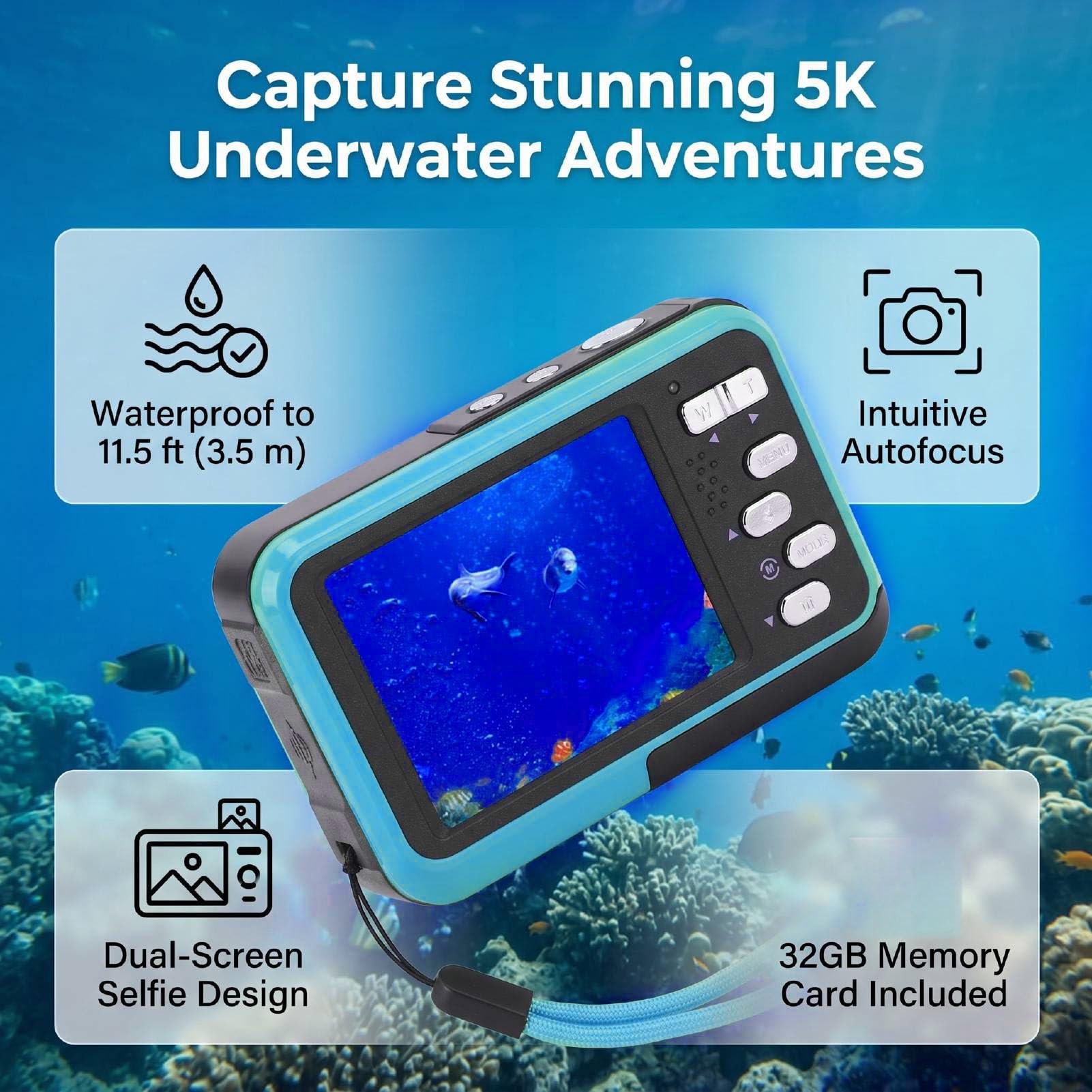 Tosuny Caméra sous-Marine 5K Double écran 48MP, Appareil Photo Numérique avec Mise au Point Automatique et Dragonne Flottante, 11,5 Pieds pour la Plongée en Apnée (Blue)