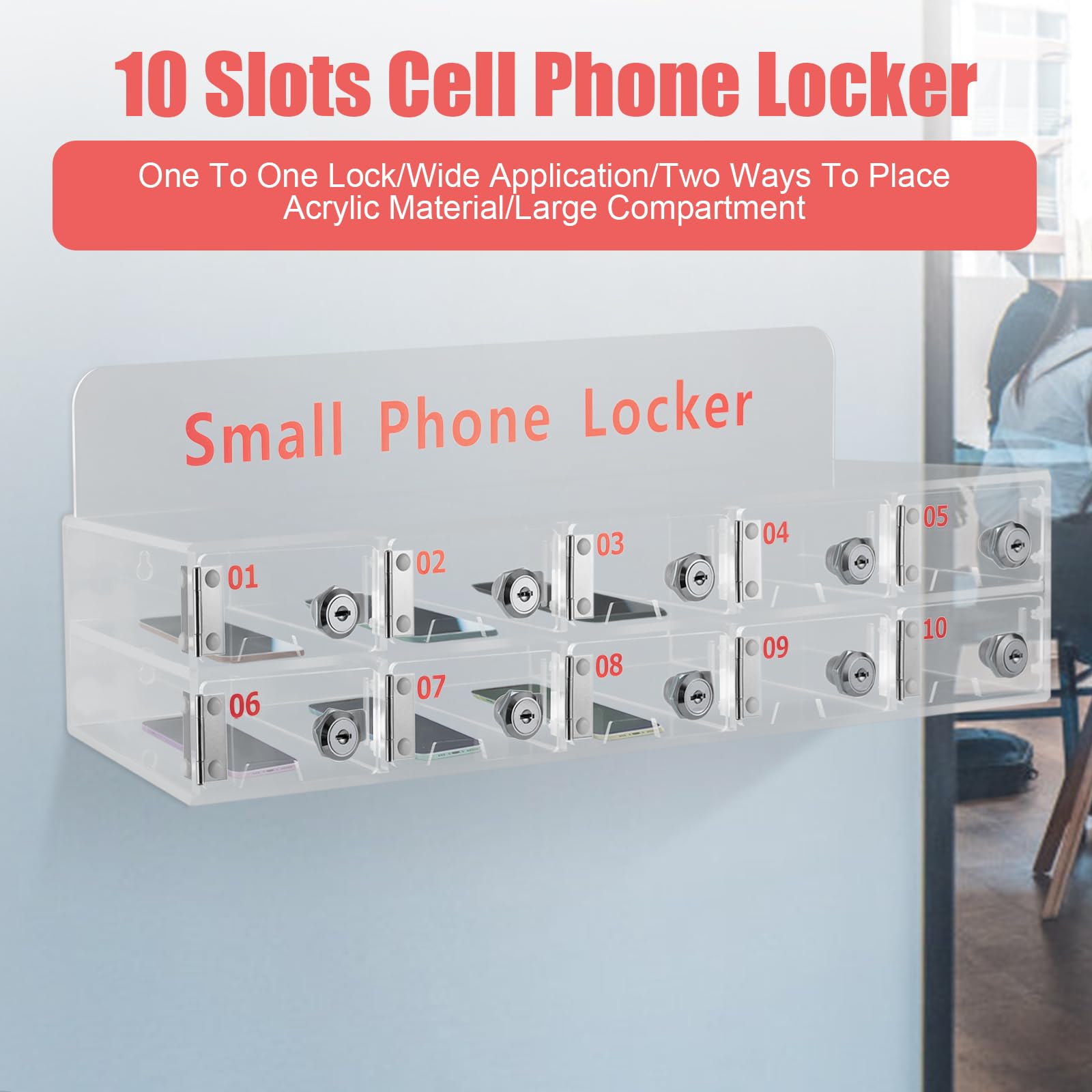 FFanhia Cell Phone Lockers for Employees 10 Slots Classroom Phone Pocket Chart Storage Organizer Box Wall-Mounted AcrylicPhones Storage Cabinet with 10 Locks