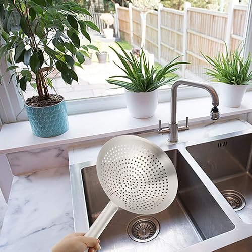 Miniatura 9 de YARDWE Colador de pasta de acero inoxidable, cuchara ranurada, cucharón de malla fina, filtro de aceite de alambre de mandarina, cuchara para cocina