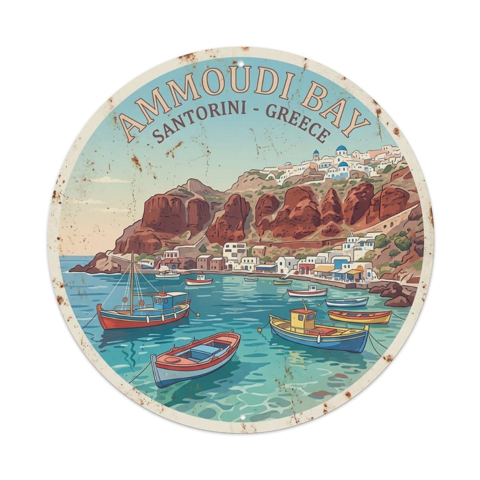 Fqnyr Style Metal Tin Sign Vintage Travel Ammoudi Santorini Bay