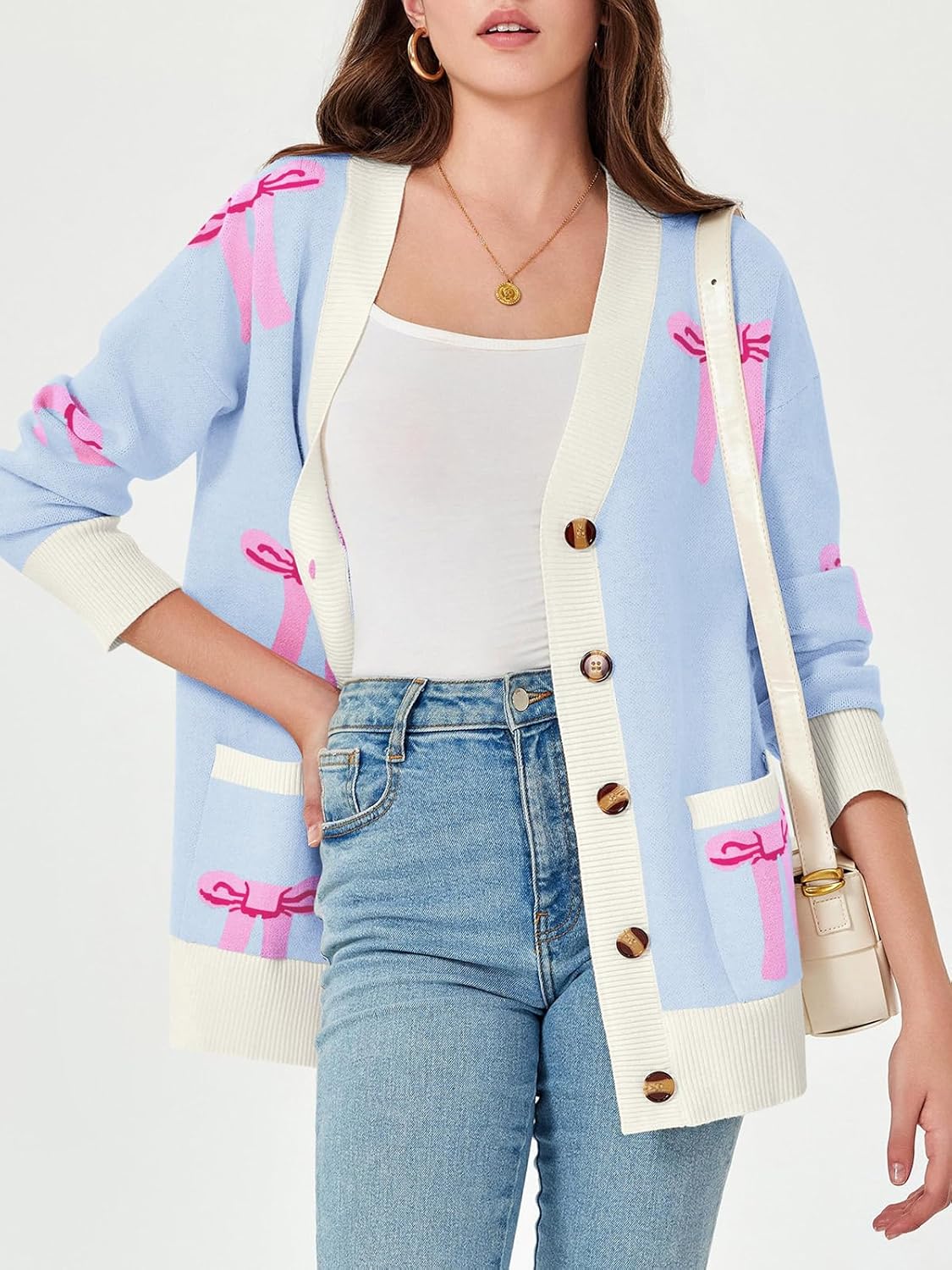 Saodimallsu Womens Oversized Cardigan Sweaters Bow Printed Button V Neck Long Sleeve Loose Knit Fall Trendy Coats - Image 2