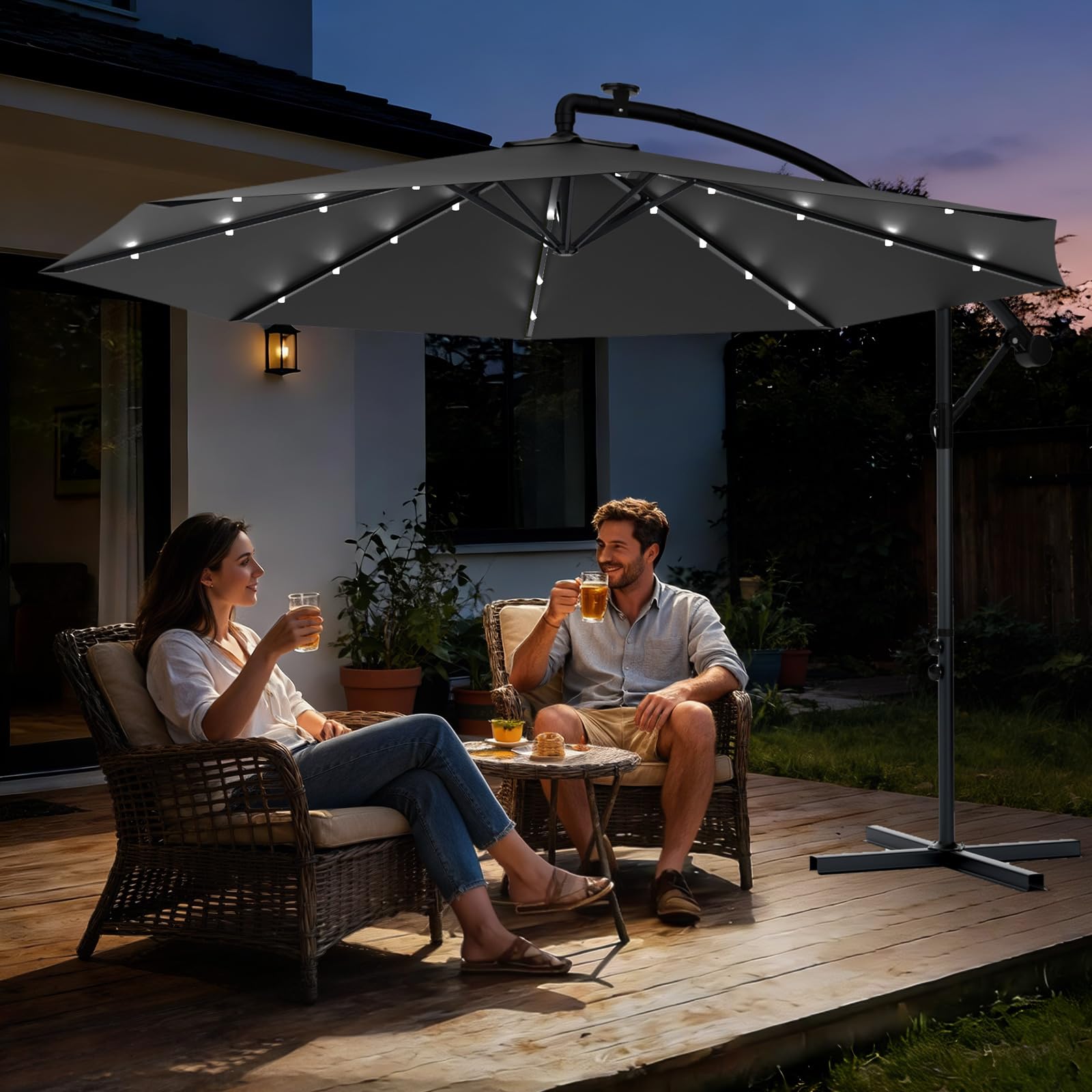 Ferghana Ombrellone da giardino con supporto e manovella, 300/350 cm, protezione UV