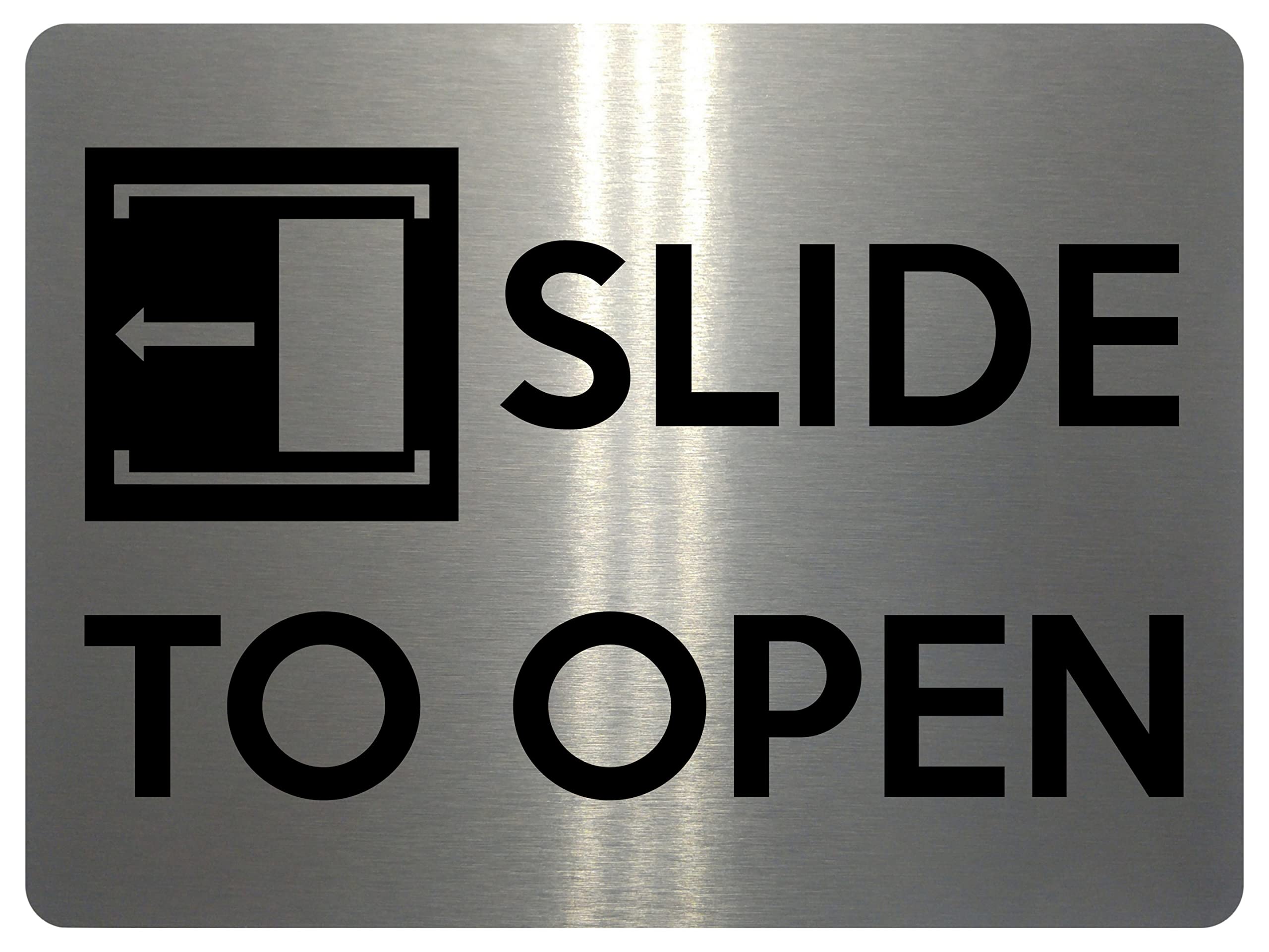 1544 SLIDE TO OPEN Direction Left Metal Aluminium Plaque Sign House Door Office (85x54mm Credit Card Size, Brushed Silver)