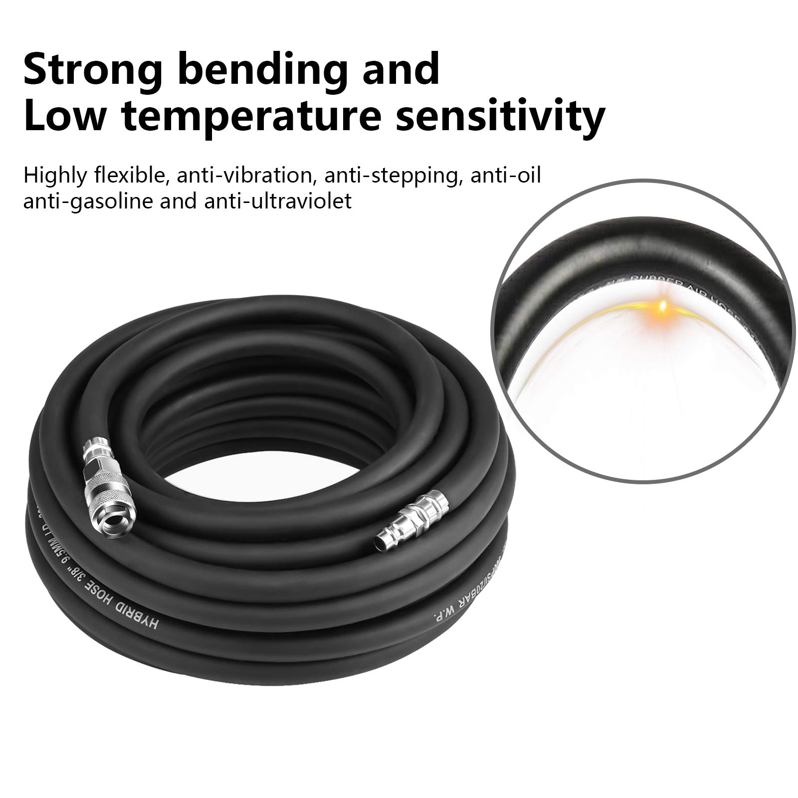 15M Manguera de aire neumática de goma flexible con kit de accesorios de compresor de 5 piezas, Manguera de Aire para Compresor, manguera neumática para aire comprimido