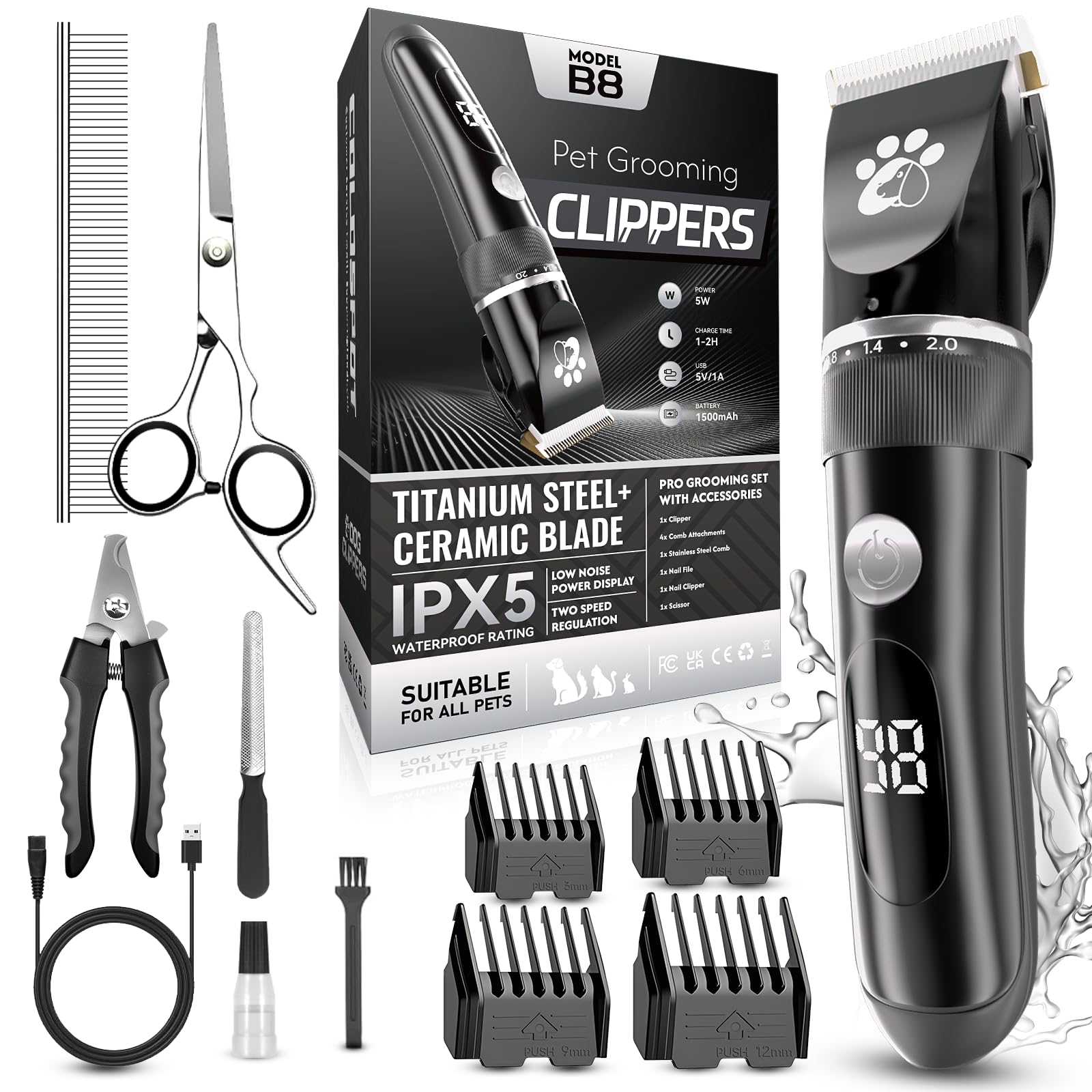Dog Clippers, Dog Grooming Kit, 2-Speed Low Noise IPX5 Waterproof LED Display Professional Cordless Pet Hair Trimmer
