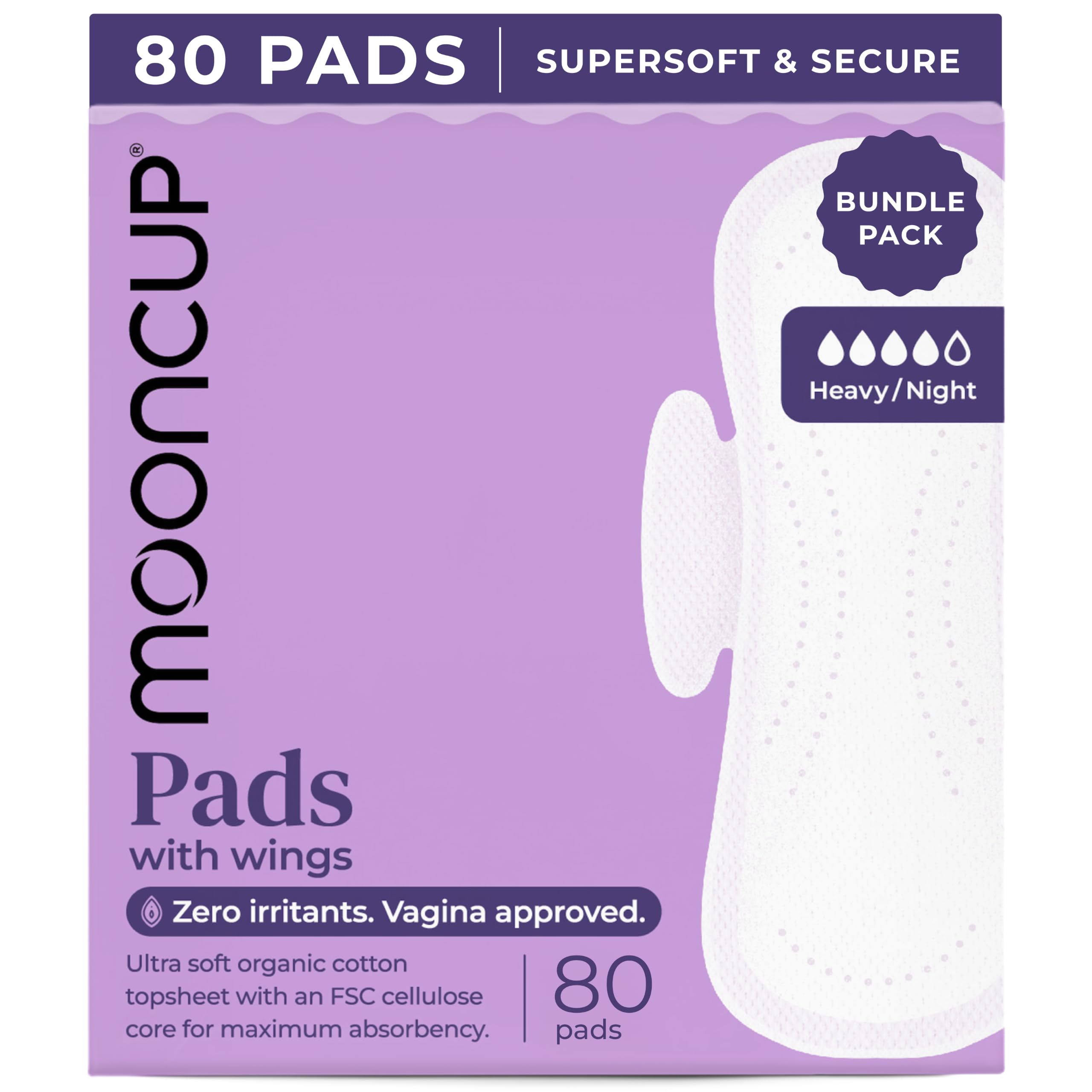 Mooncup Pads with Wings - Biodegradable Pads Made with Organic Cotton for Irritation-Free Period Care - Leakproof, Plastic-Free, Highly Absorbent Protection for Sensitive Skin - Heavy/Night, 8x10