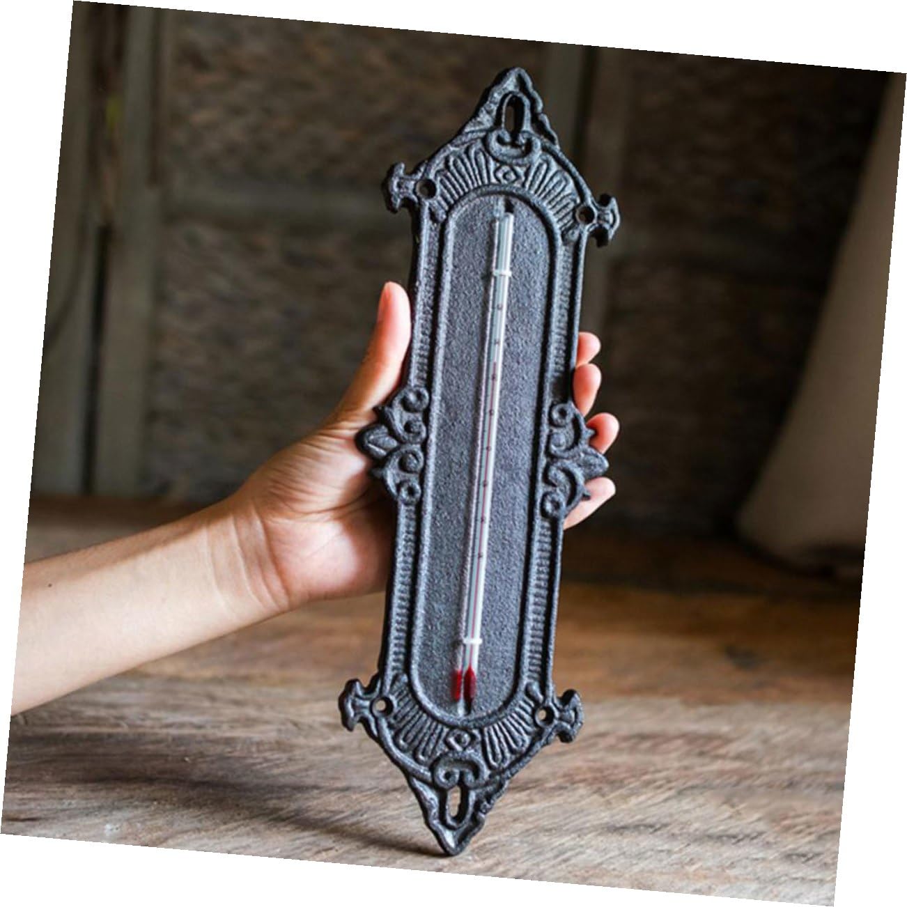 Wrought Iron Indoor Thermometer Wall Decor Greenhouse Temperature Meter Black Vintage Style for Home and Garden
