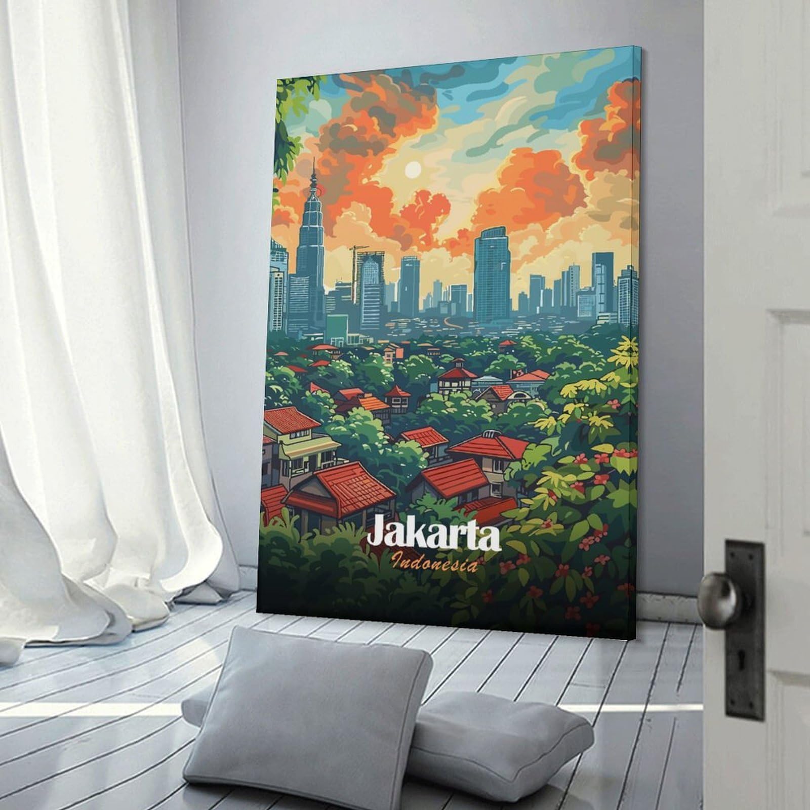 Junmoney Jakarta, Indonesia Cityscape Illustration Canvas Art Print 20x30inch(50x75cm), for Bedroom Decor, Cosy Corners Or Studios, An Easy Wall Refresh for Bedrooms