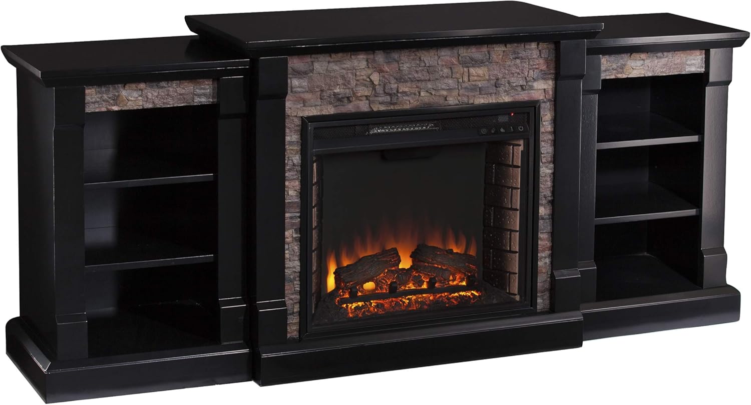 Gallatin Faux Stone Electric Fireplace w/ Bookcases