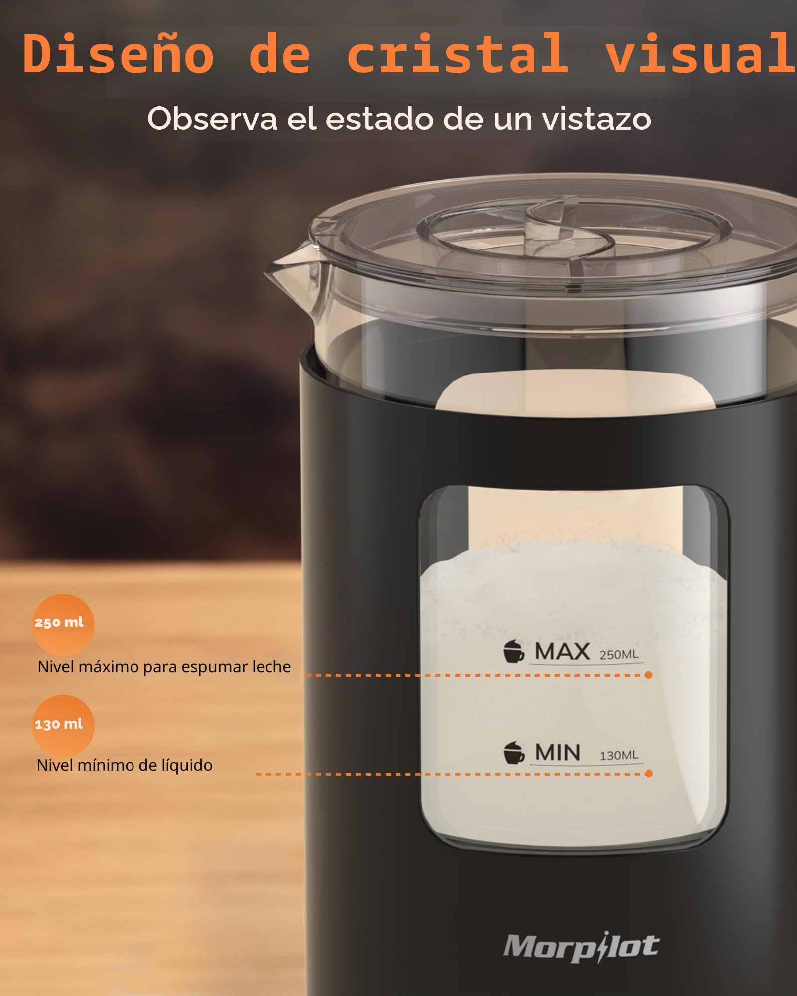 Morpilot Espumador de Leche Eléctrico, Calentador de Leche 600ml, 4 en 1, para Frío y Caliente, Diseño de Latte, Cristal Visual, Negro